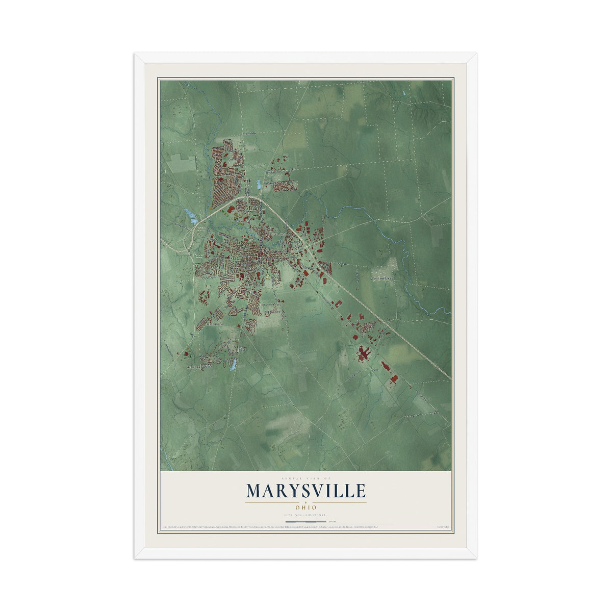 Map of Marysville, Ohio, 12 x 18 inch print in a white wood frame