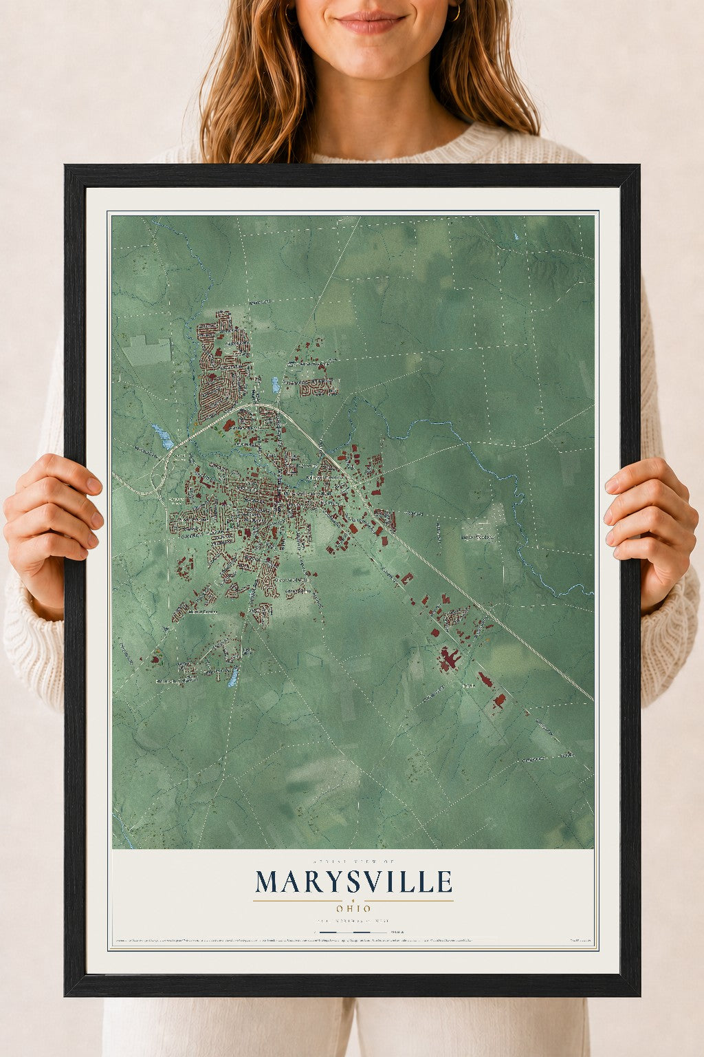 Map of Marysville, Ohio, 18 x 24 inch print in a black wood frame