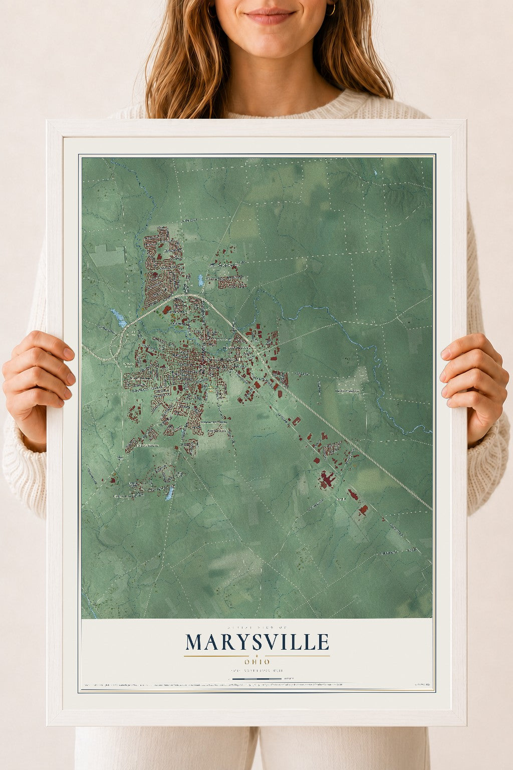 Map of Marysville, Ohio, 18 x 24 inch print in a white wood frame