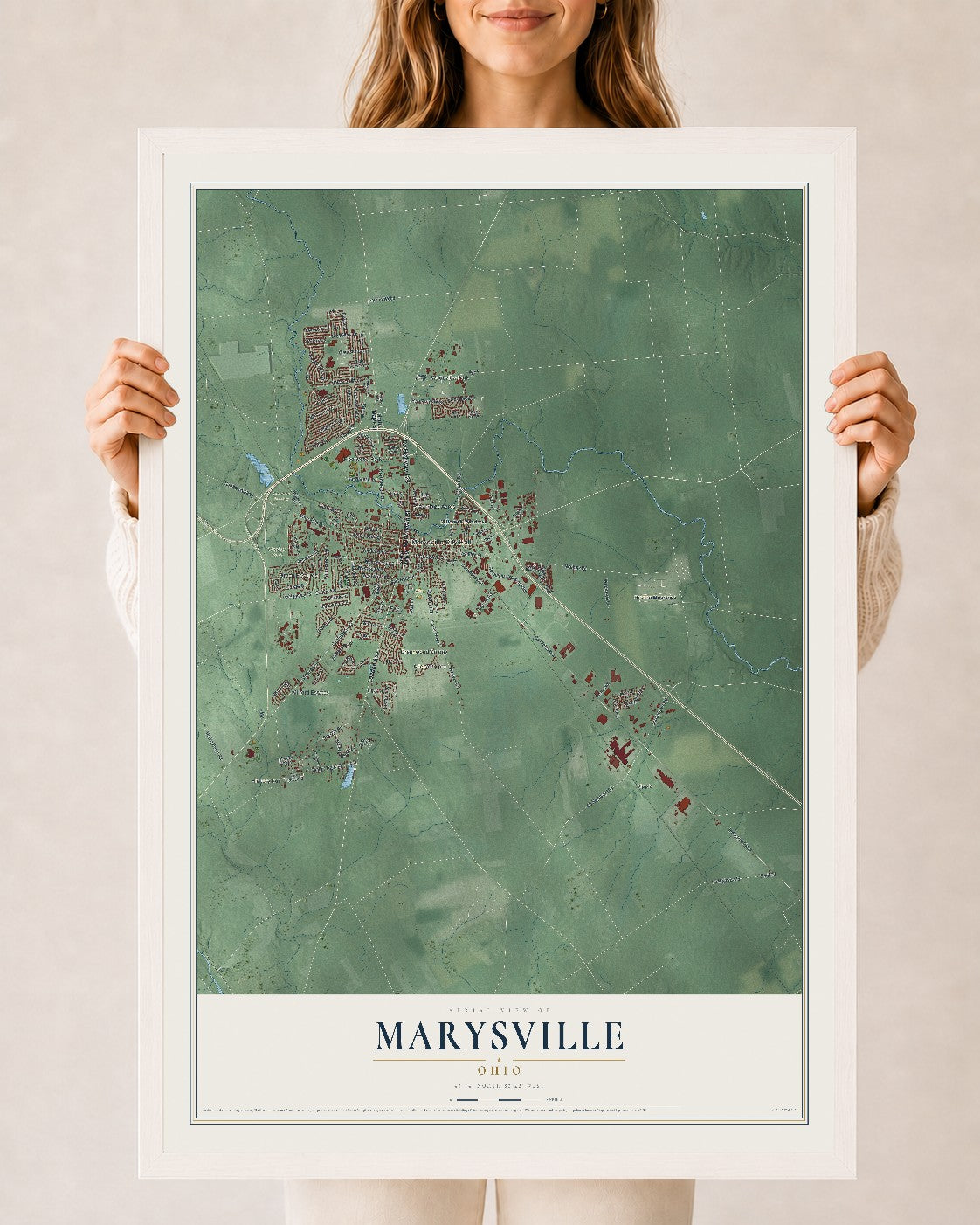 Map of Marysville, Ohio, 24 x 36 inch print in a white wood frame
