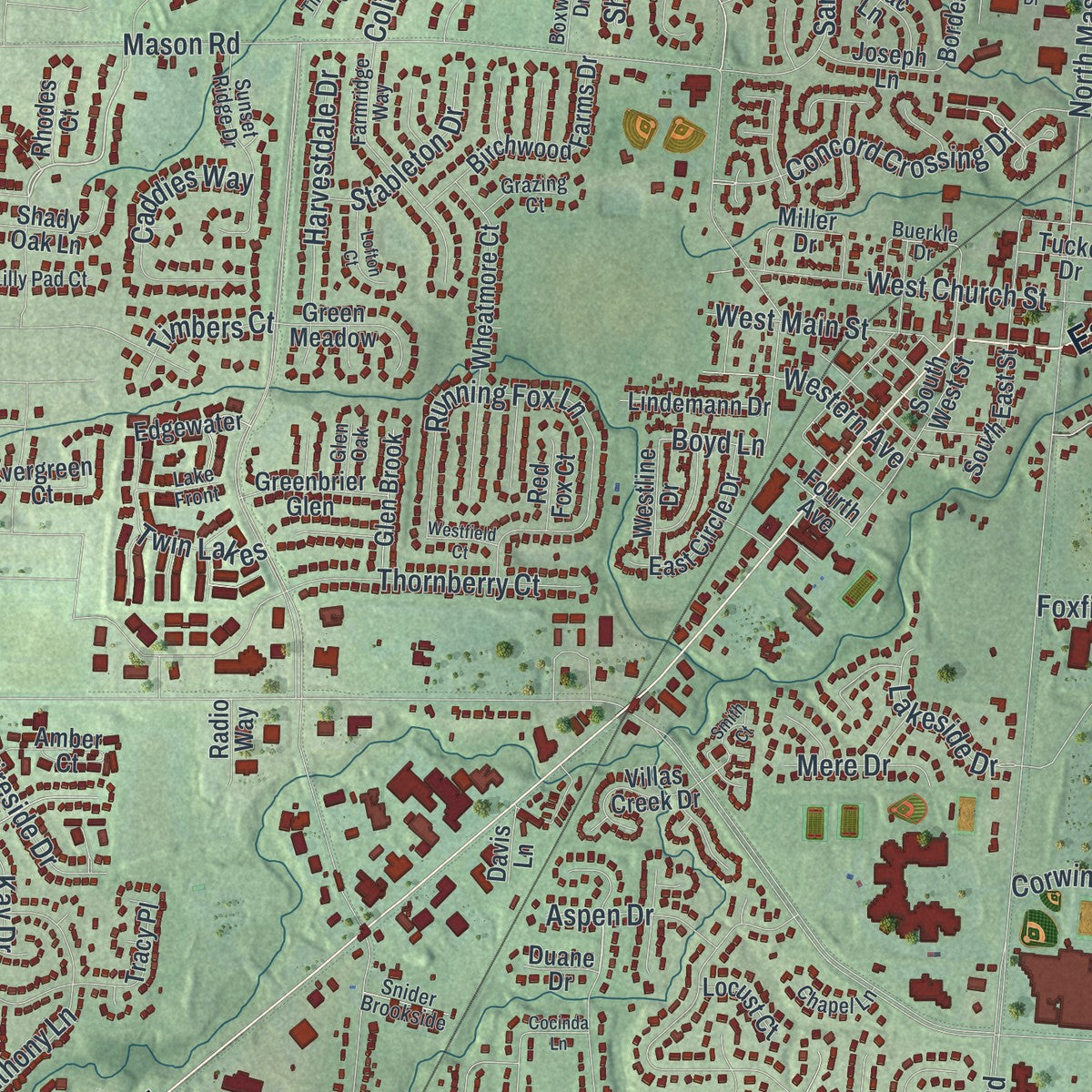 Close-up of the map of Mason, Ohio print showing street and building detail