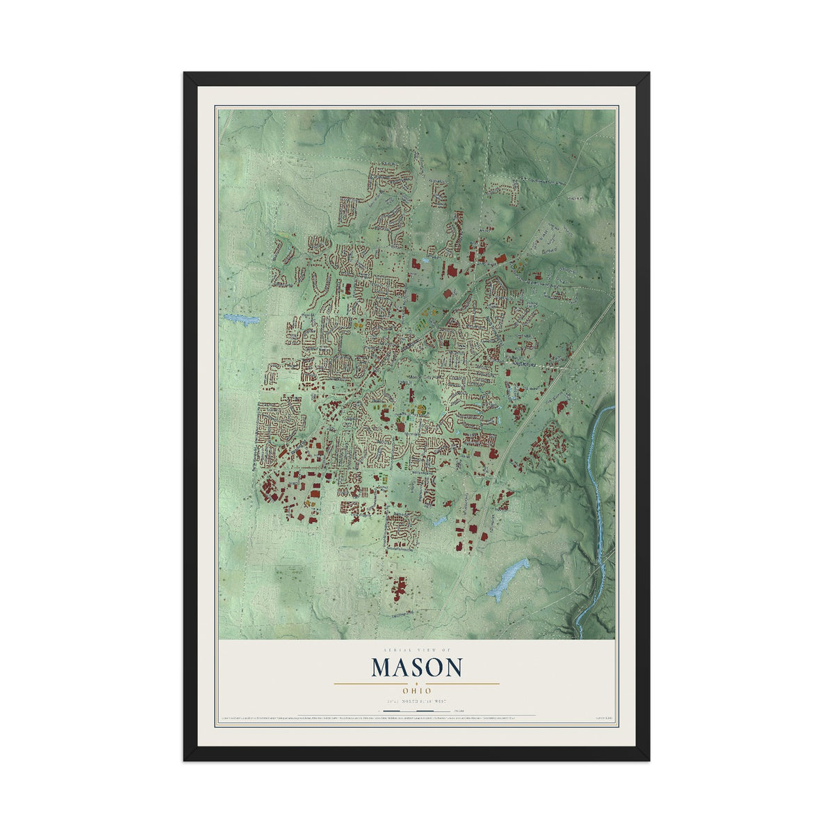 Map of Mason, Ohio, 12 x 18 inch print in a black wood frame