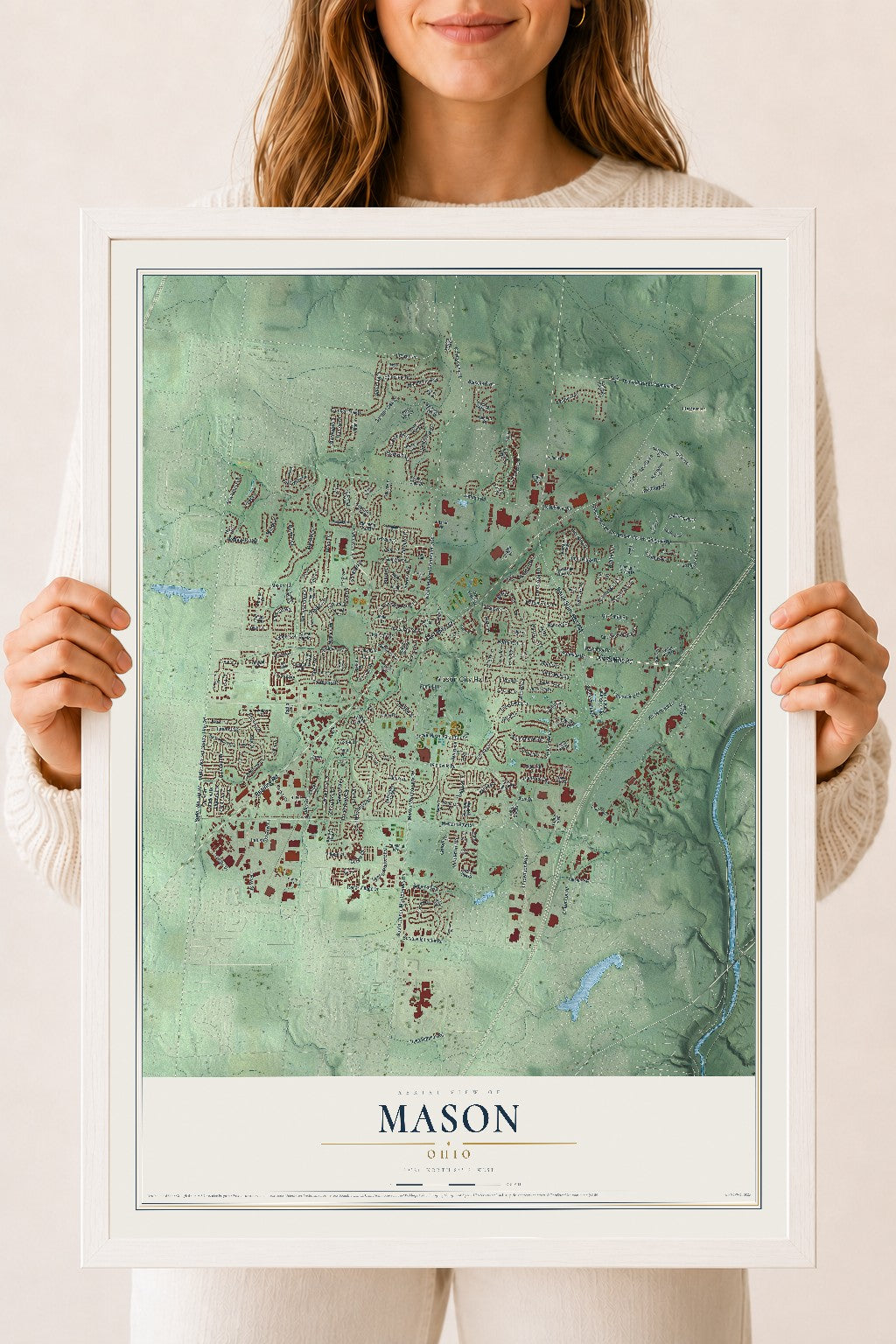 Map of Mason, Ohio, 18 x 24 inch print in a white wood frame