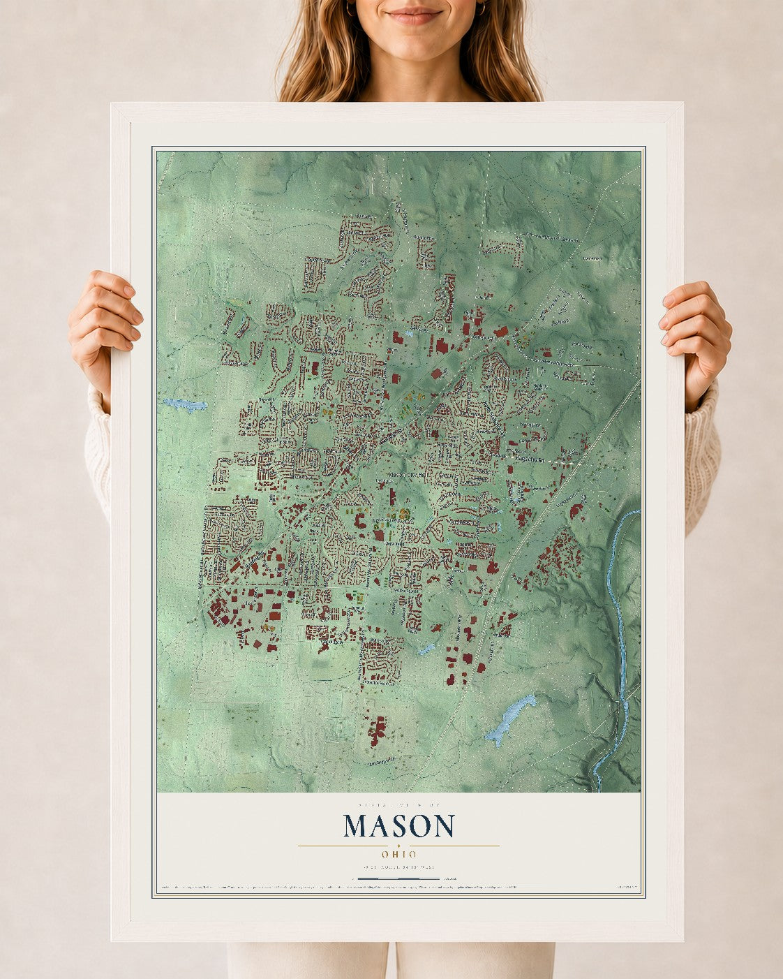Map of Mason, Ohio, 24 x 36 inch print in a white wood frame