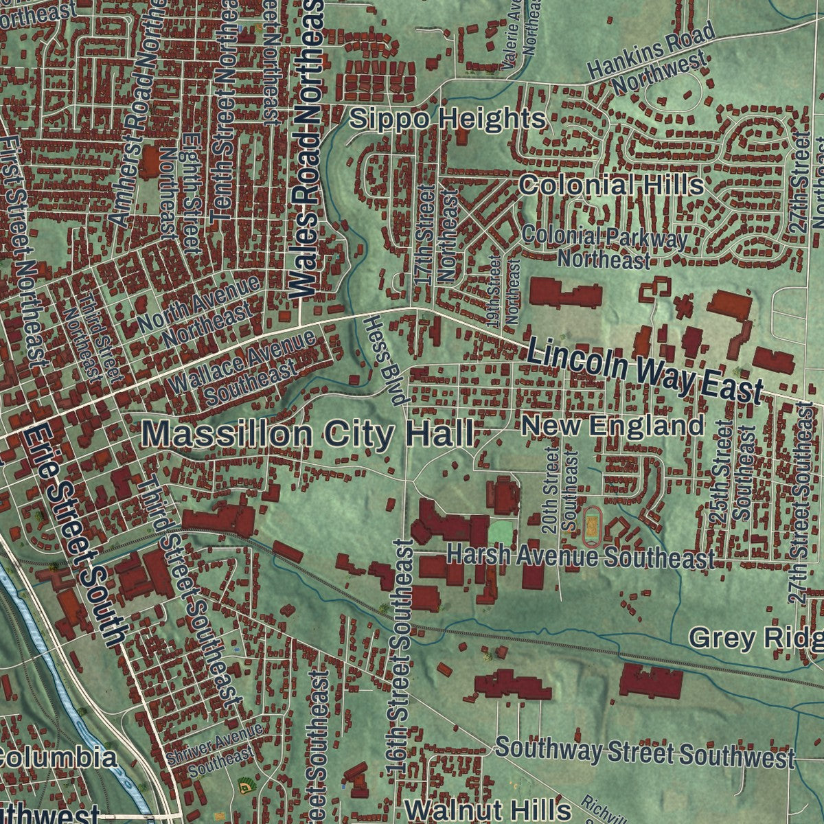 Close-up of the map of Massillon, Ohio print showing street and building detail