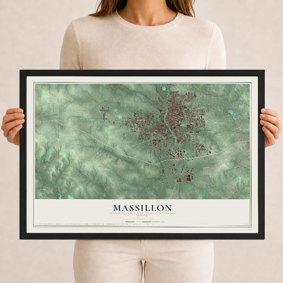 Map of Massillon, Ohio, 12 x 18 inch print in a black wood frame