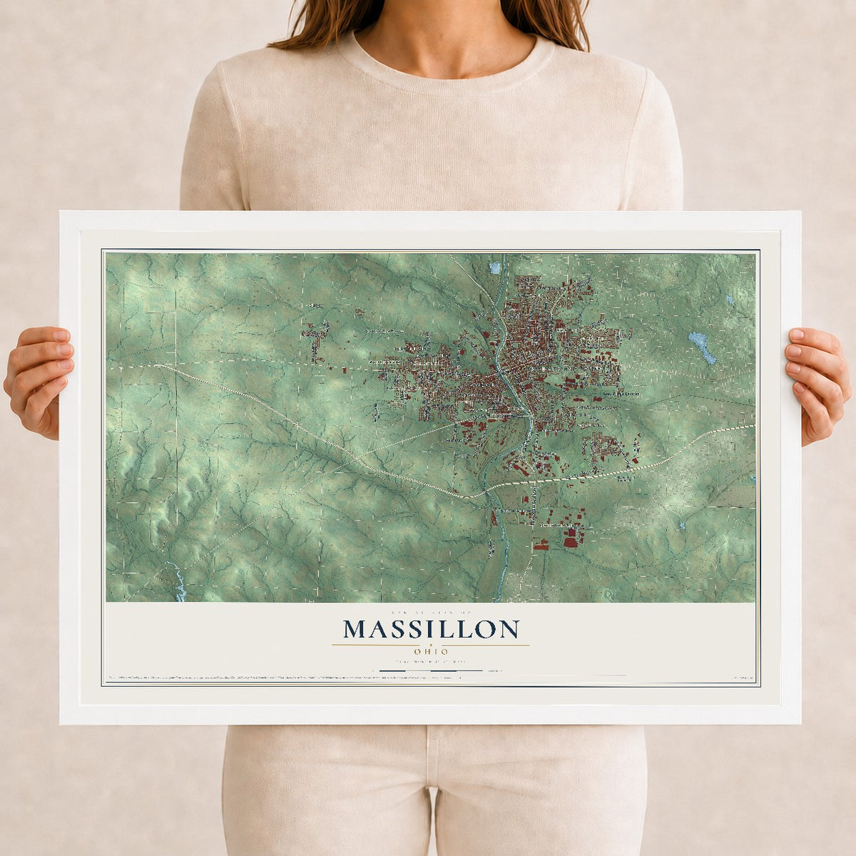 Map of Massillon, Ohio, 12 x 18 inch print in a white wood frame