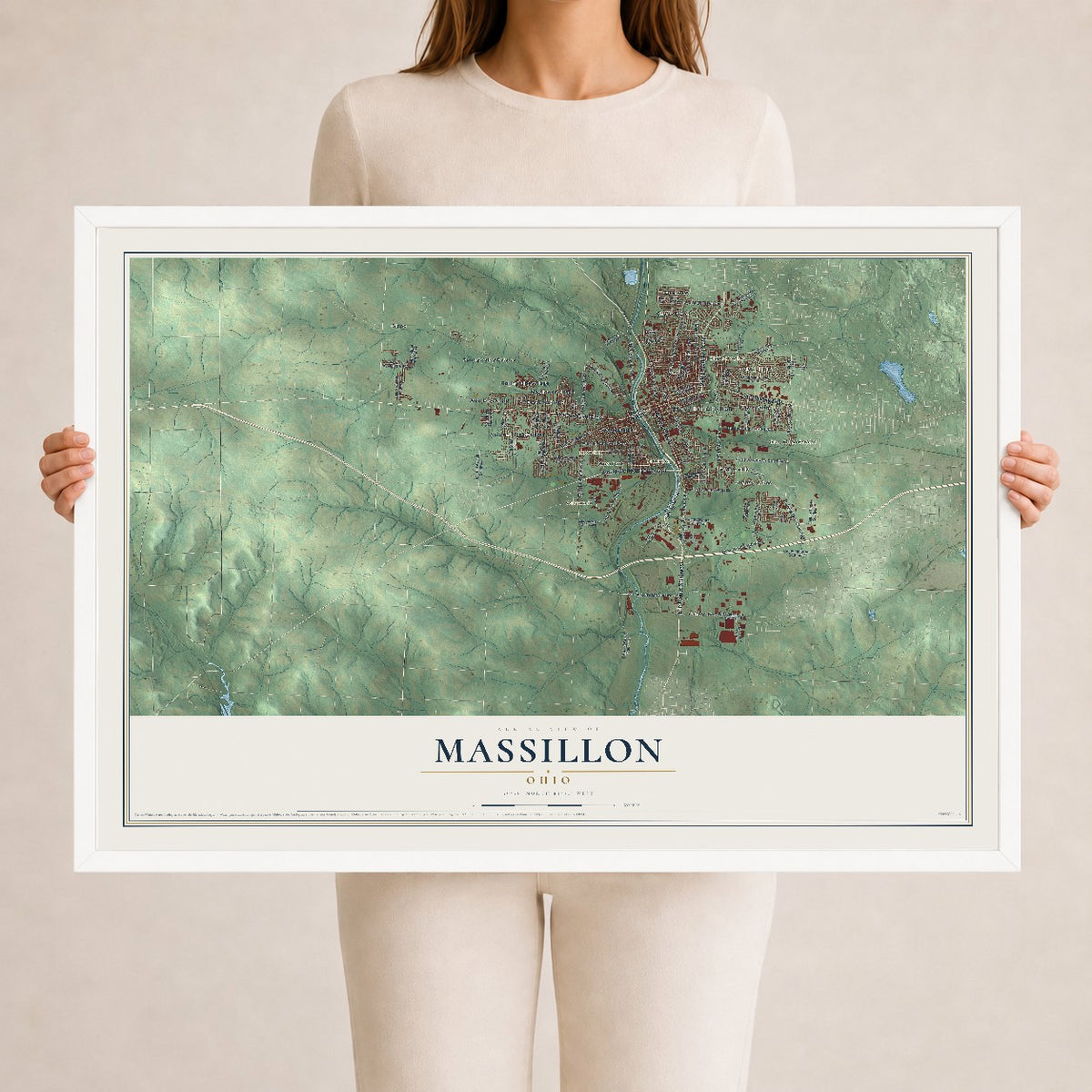 Map of Massillon, Ohio, 24 x 36 inch print in a white wood frame