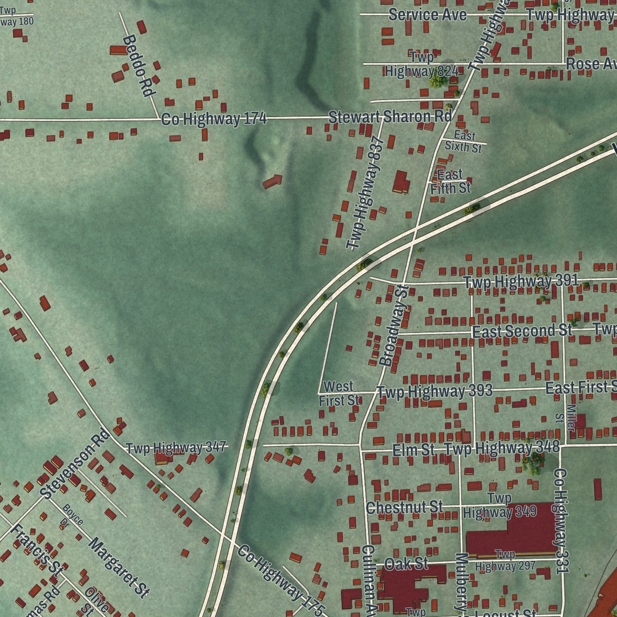 Close-up of the map of Masury, Ohio print showing street and building detail