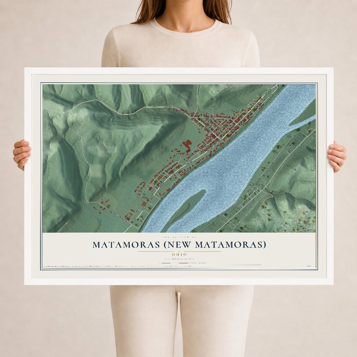 Map of Matamoras (New Matamoras), Ohio, 24 x 36 inch print in a white wood frame