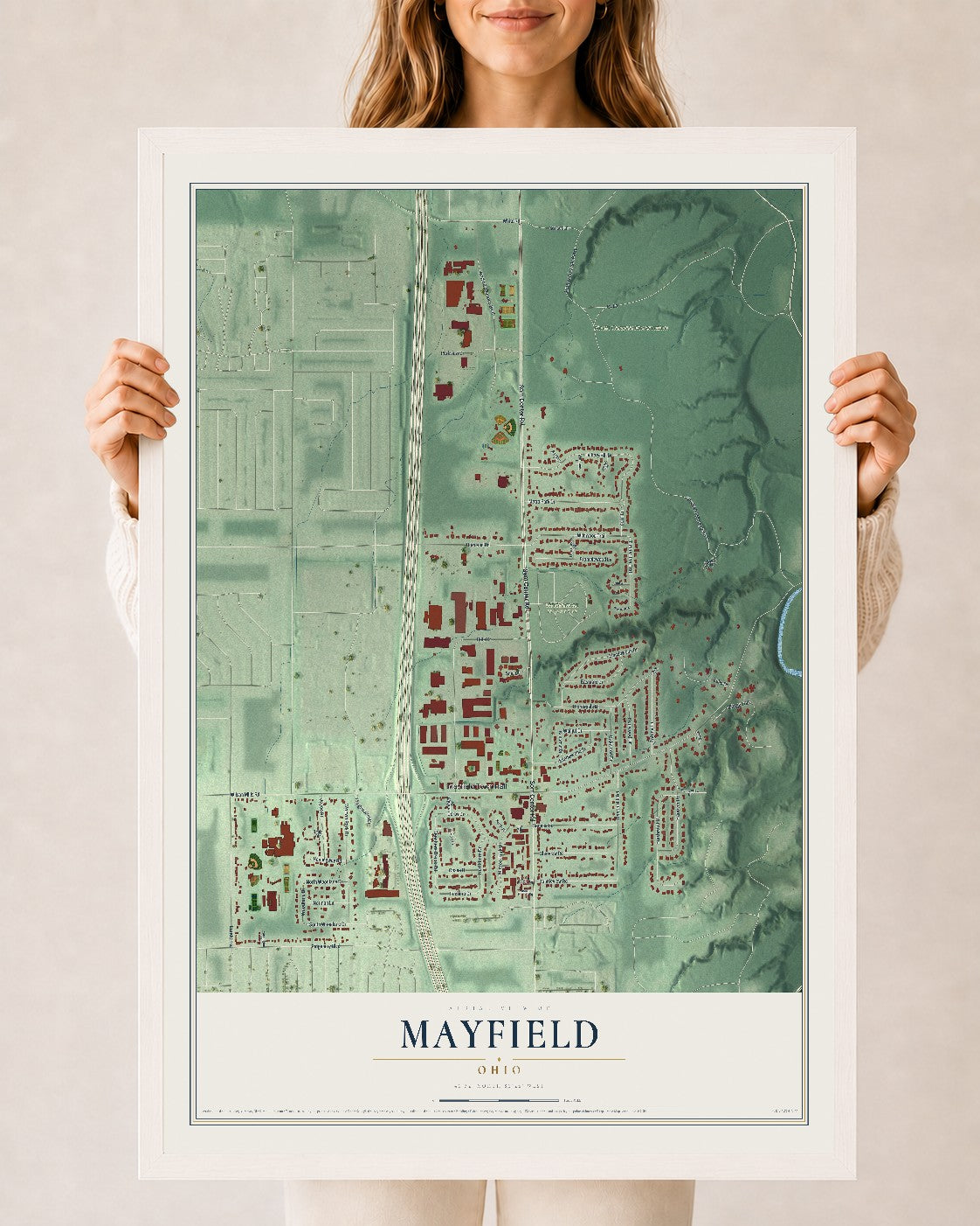 Map of Mayfield, Ohio, 24 x 36 inch print in a white wood frame