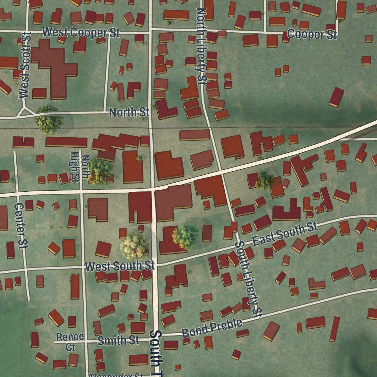 Close-up of the map of McComb, Ohio print showing street and building detail