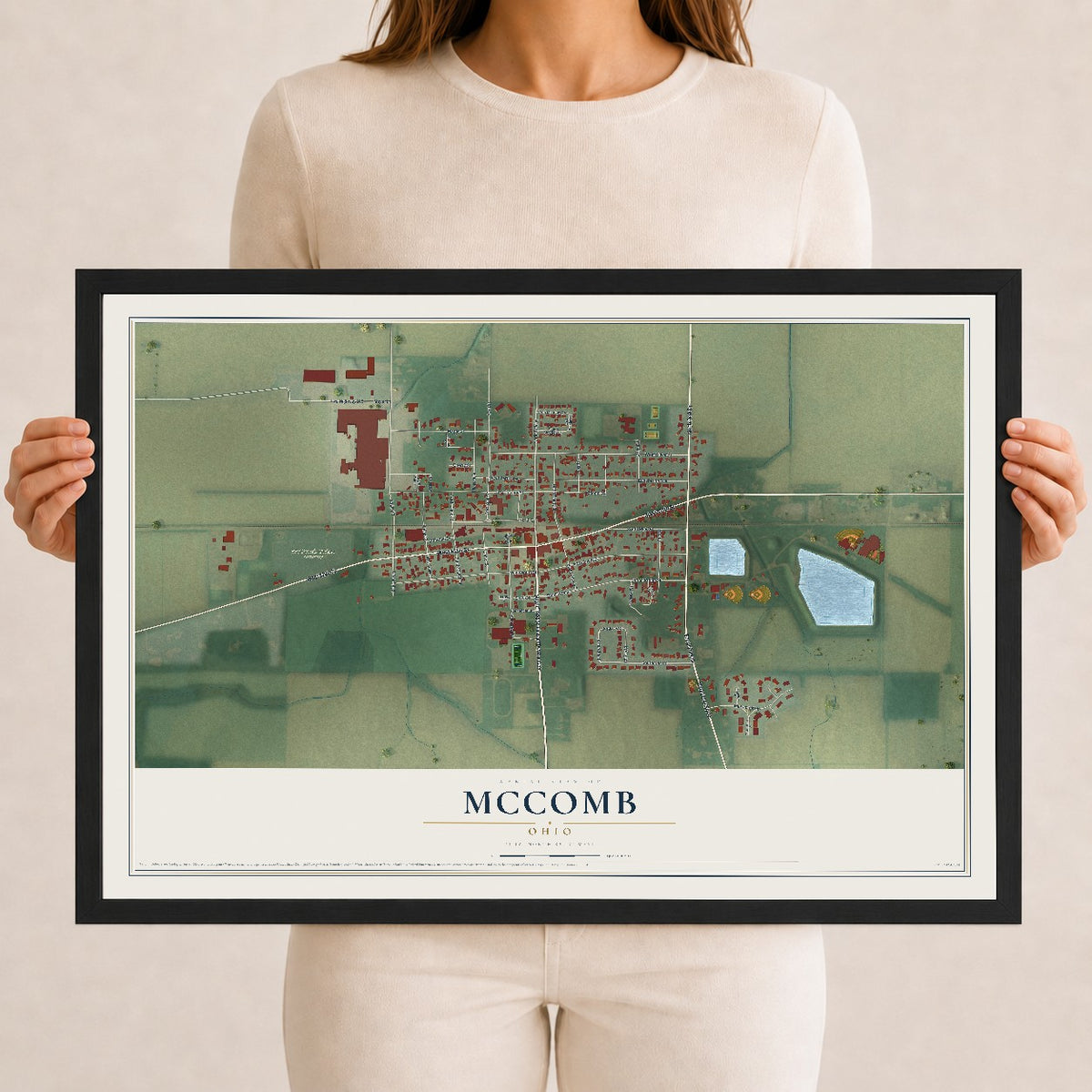 Map of McComb, Ohio, 12 x 18 inch print in a black wood frame