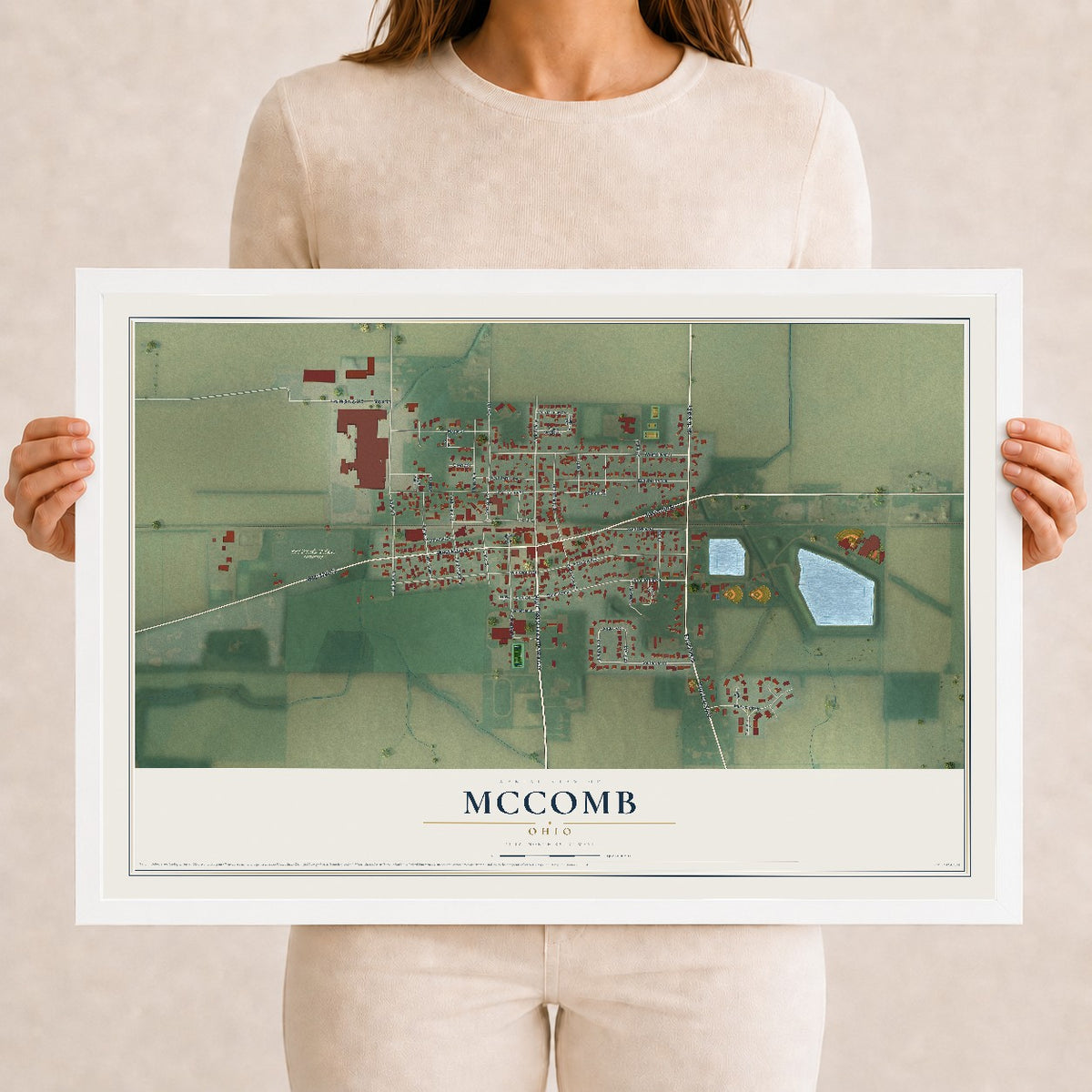 Map of McComb, Ohio, 12 x 18 inch print in a white wood frame