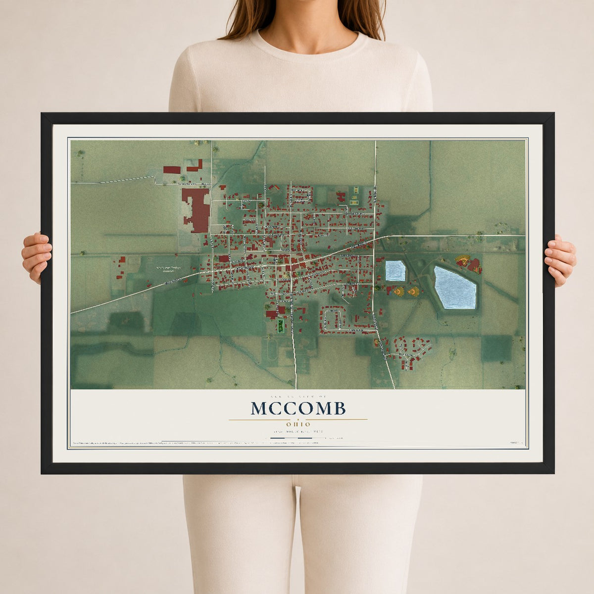 Map of McComb, Ohio, 24 x 36 inch print in a black wood frame