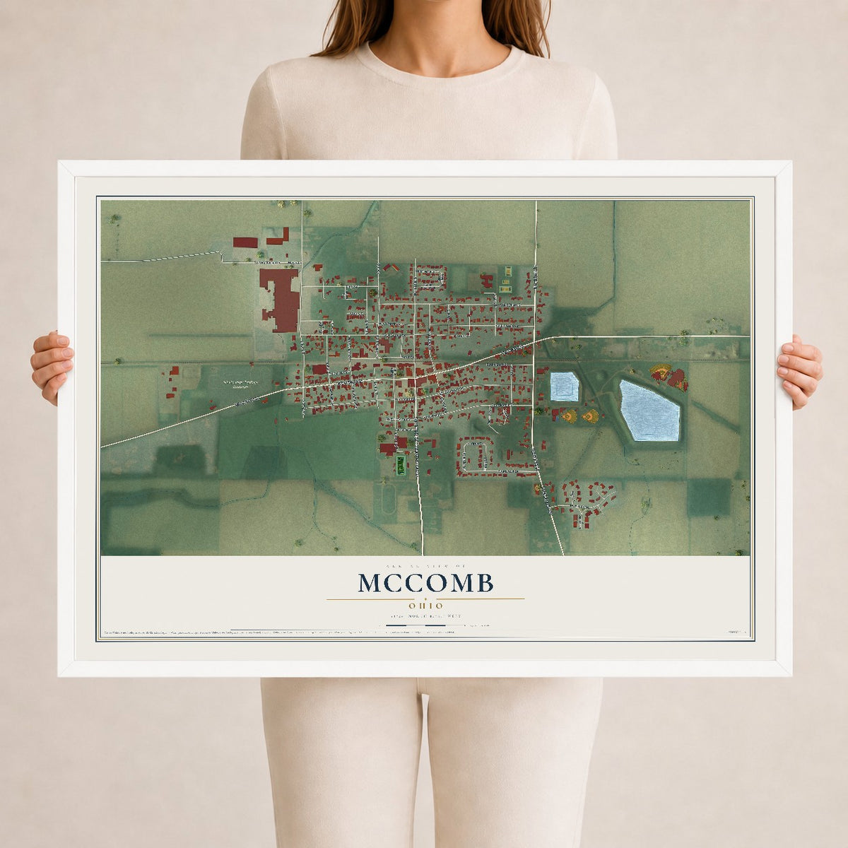 Map of McComb, Ohio, 24 x 36 inch print in a white wood frame
