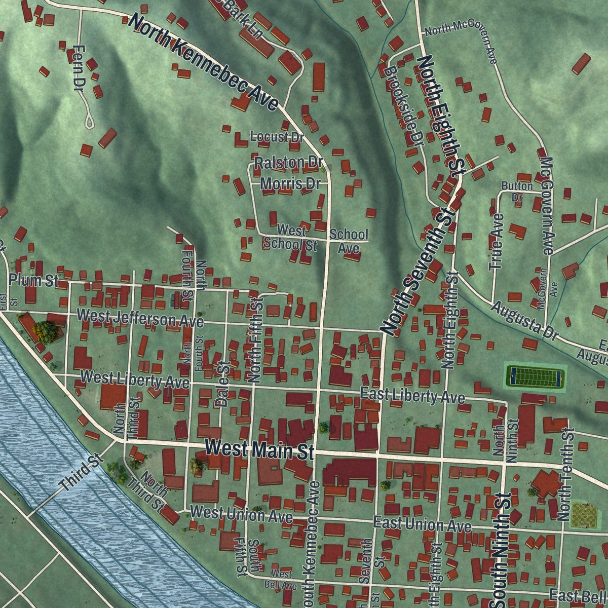 Close-up of the map of McConnelsville, Ohio print showing street and building detail