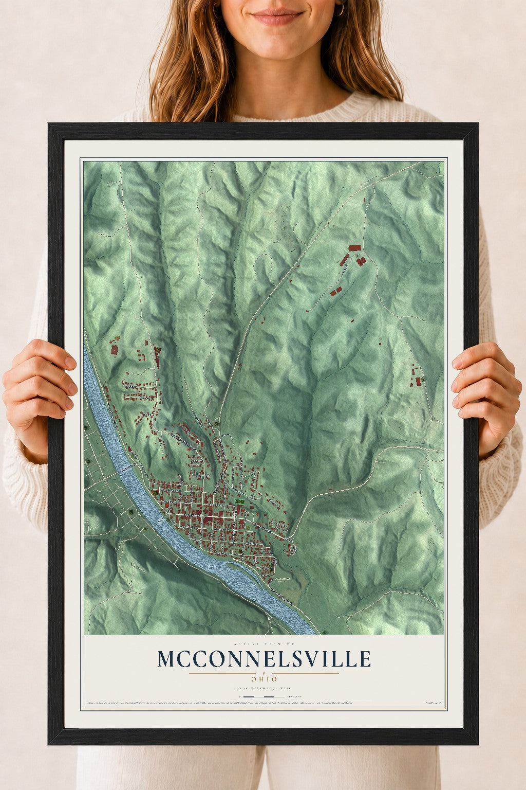 Map of McConnelsville, Ohio, 18 x 24 inch print in a black wood frame