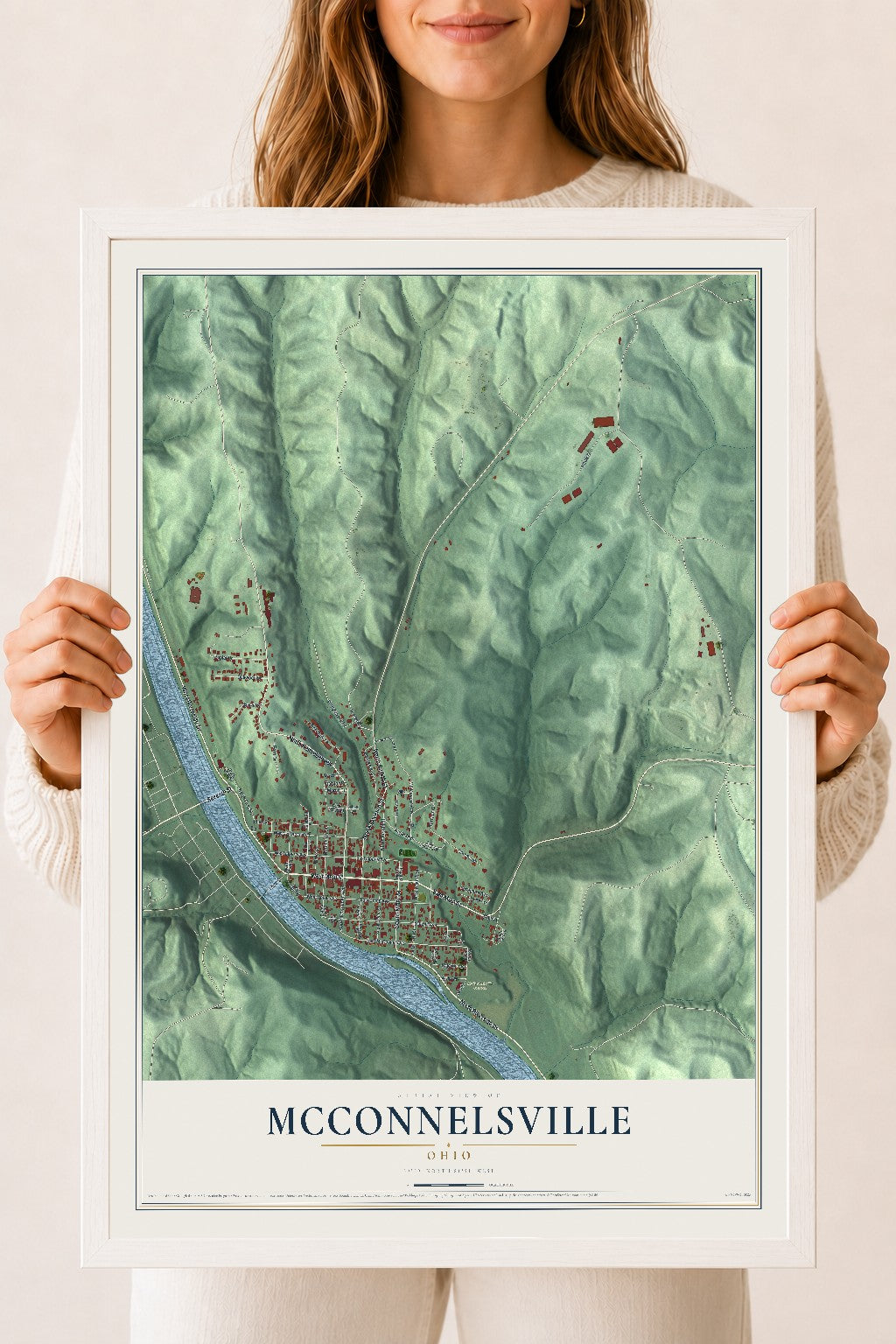 Map of McConnelsville, Ohio, 18 x 24 inch print in a white wood frame