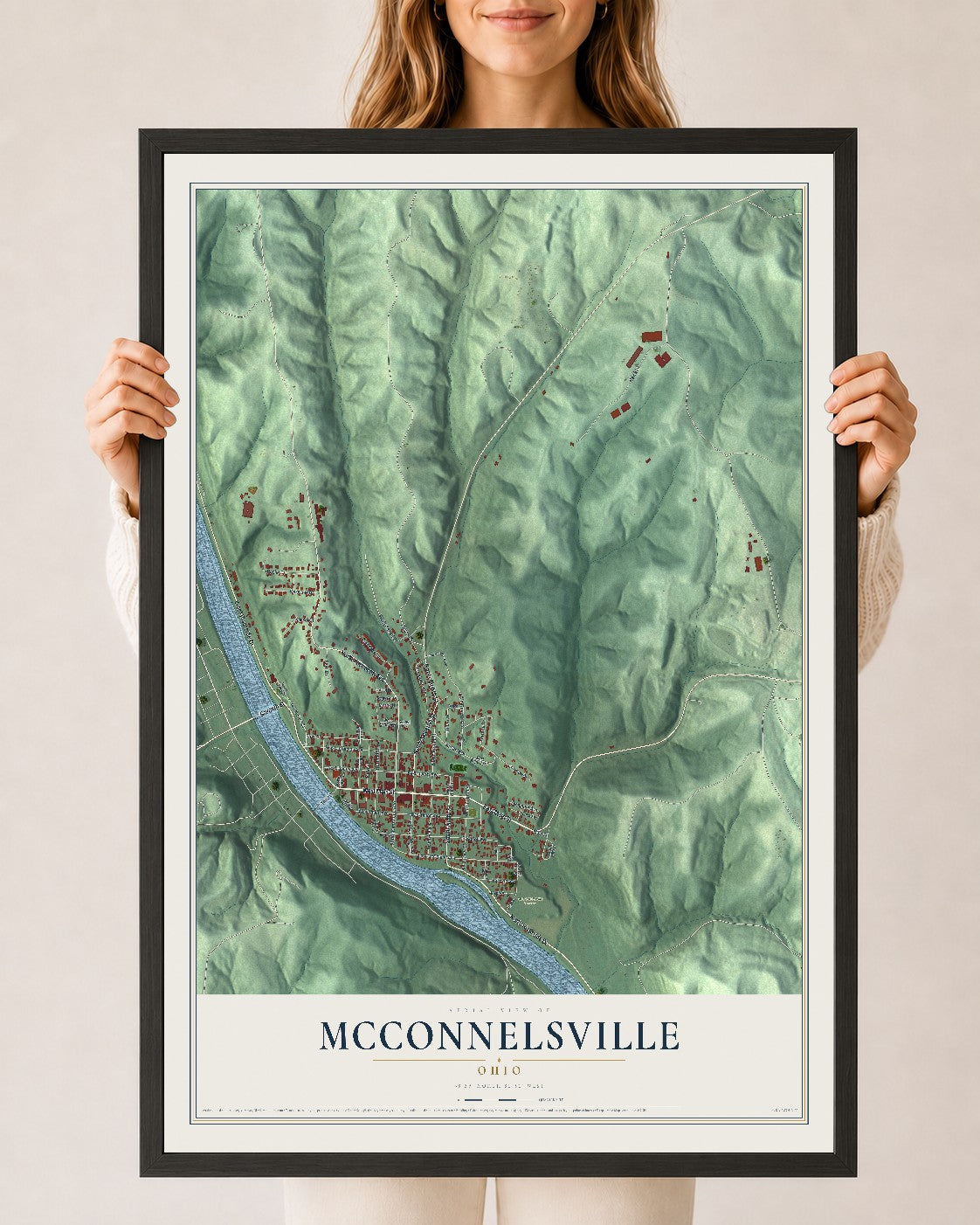 Map of McConnelsville, Ohio, 24 x 36 inch print in a black wood frame