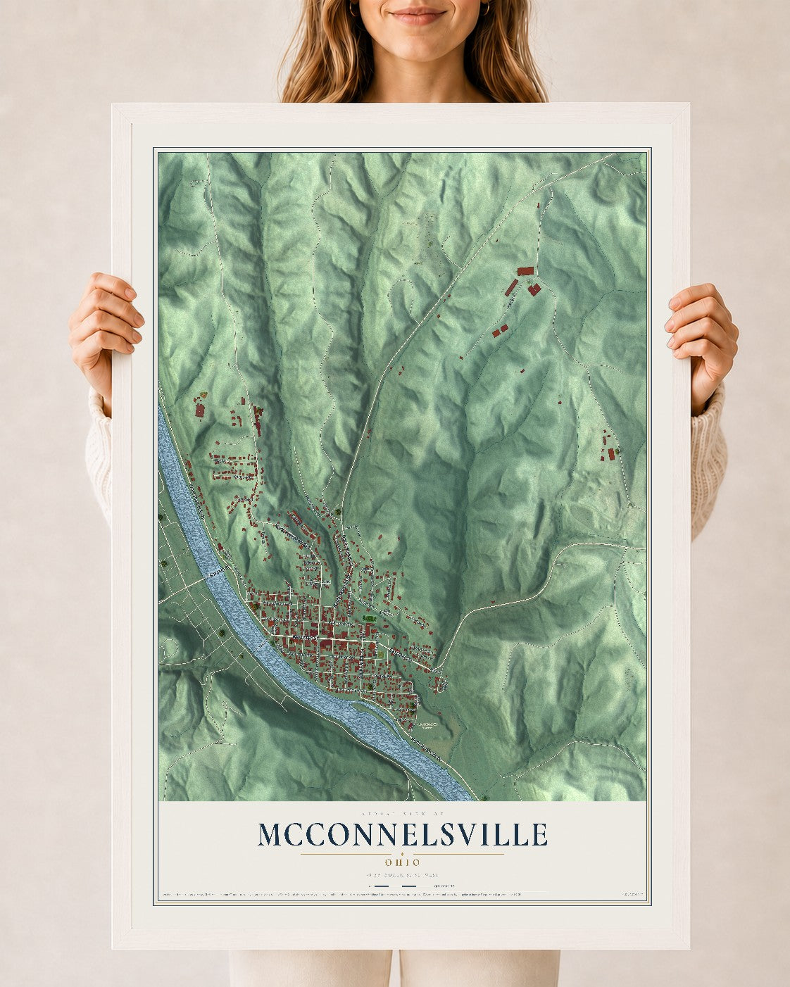 Map of McConnelsville, Ohio, 24 x 36 inch print in a white wood frame