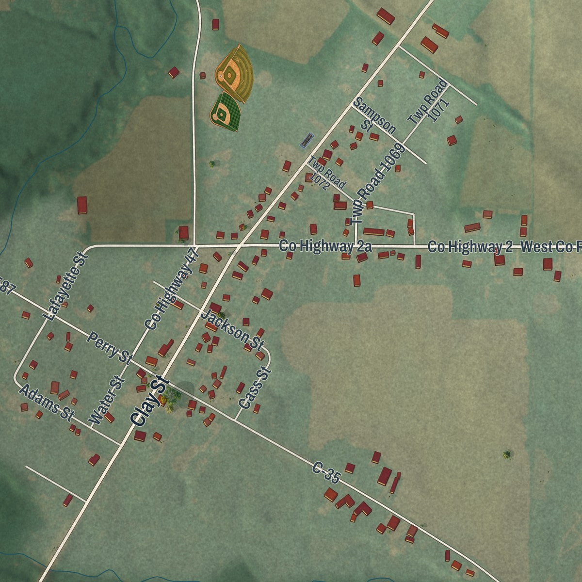 Close-up of the map of McCutchenville, Ohio print showing street and building detail