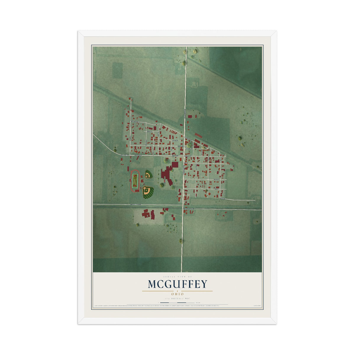 Map of McGuffey, Ohio, 12 x 18 inch print in a white wood frame