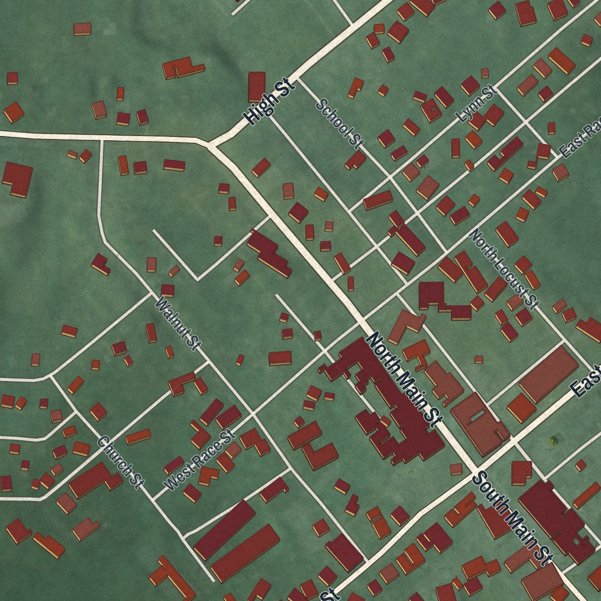 Close-up of the map of Mechanicsburg, Ohio print showing street and building detail