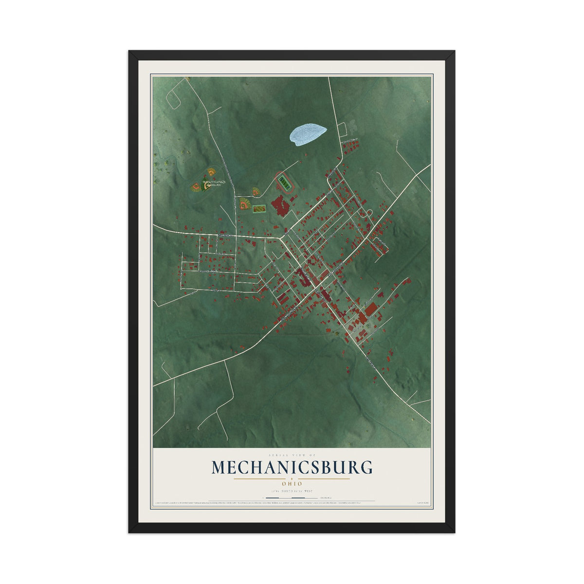Map of Mechanicsburg, Ohio, 12 x 18 inch print in a black wood frame