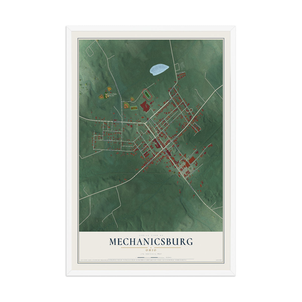 Map of Mechanicsburg, Ohio, 12 x 18 inch print in a white wood frame