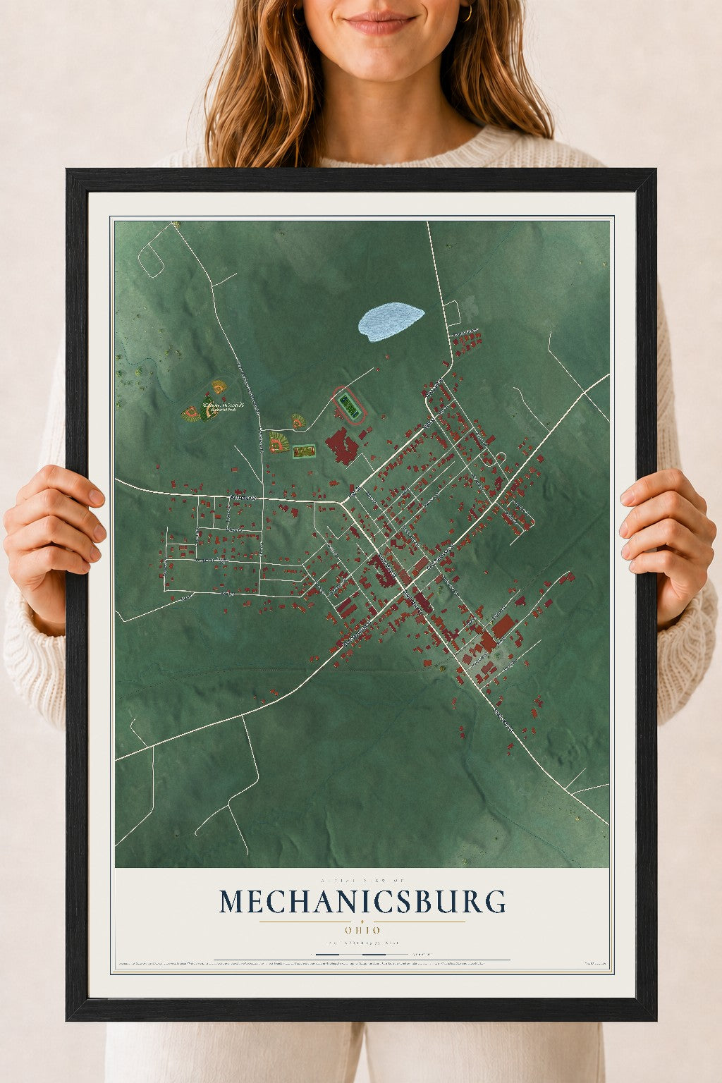 Map of Mechanicsburg, Ohio, 18 x 24 inch print in a black wood frame