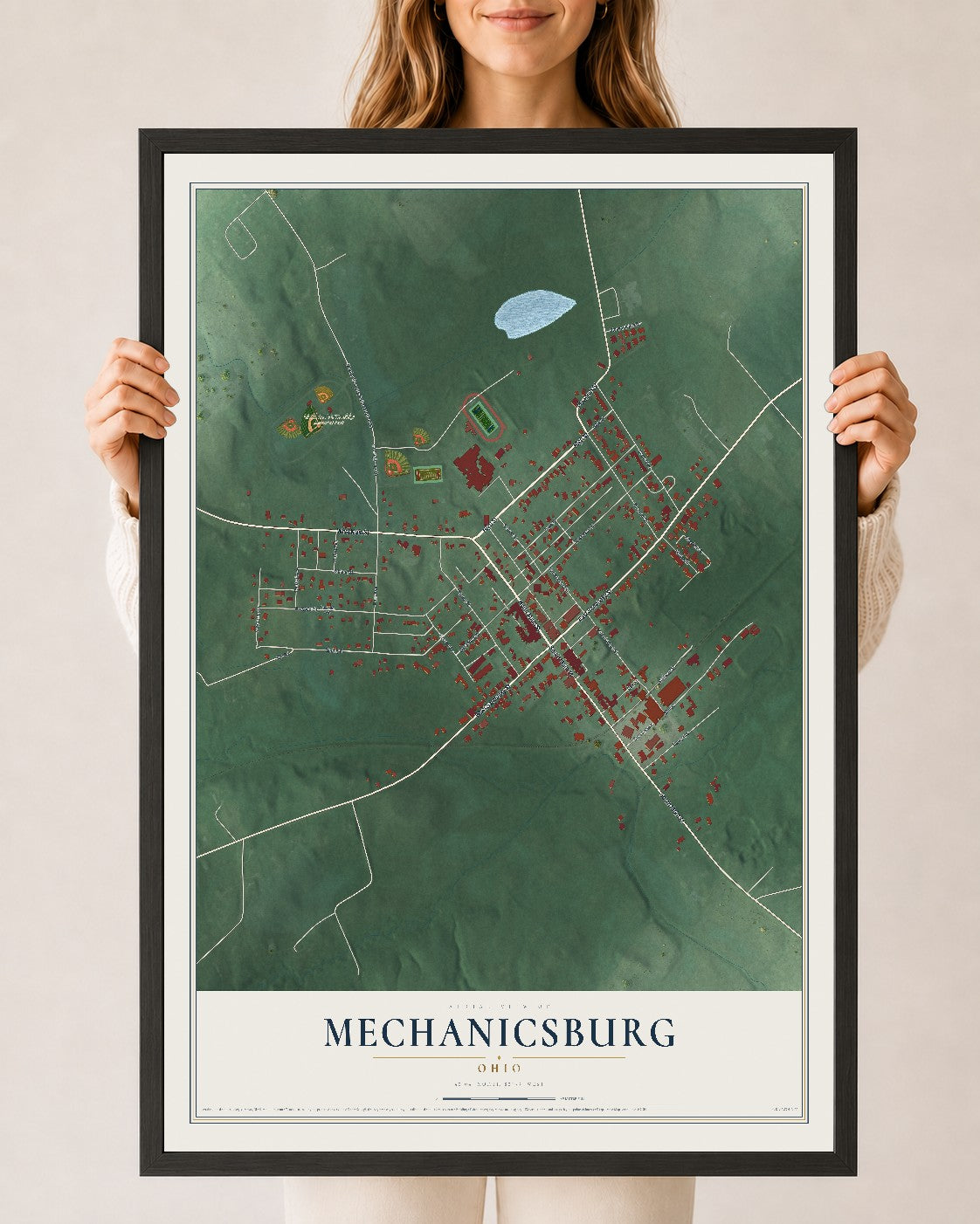 Map of Mechanicsburg, Ohio, 24 x 36 inch print in a black wood frame