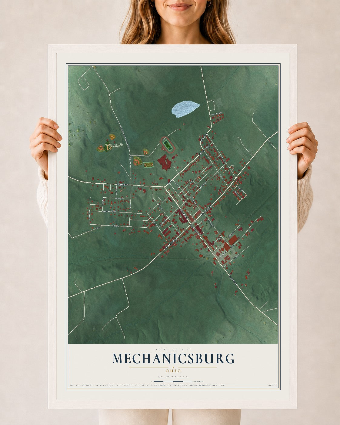 Map of Mechanicsburg, Ohio, 24 x 36 inch print in a white wood frame