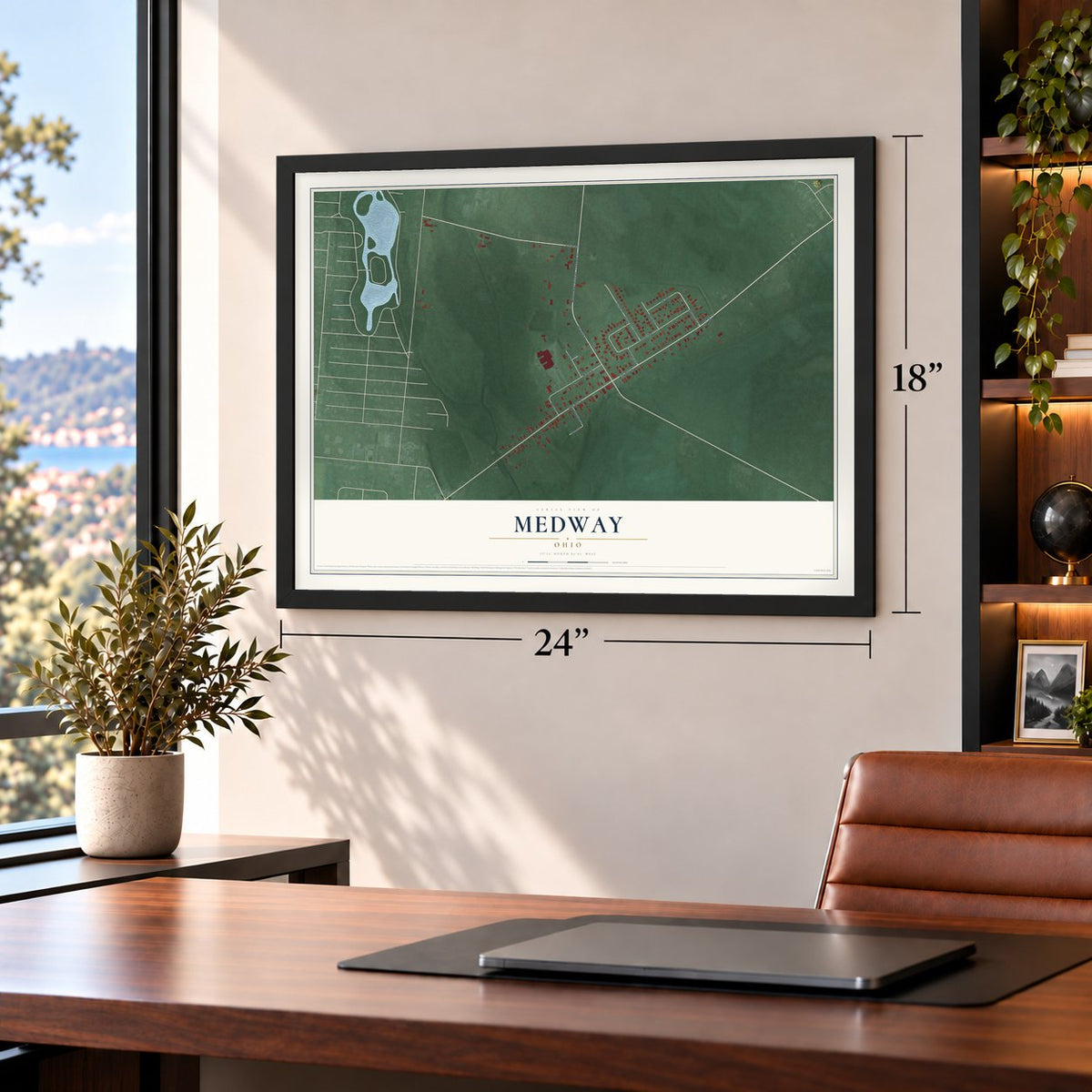 Medway, Ohio map, 18 x 24 inch print in a black frame in a home office