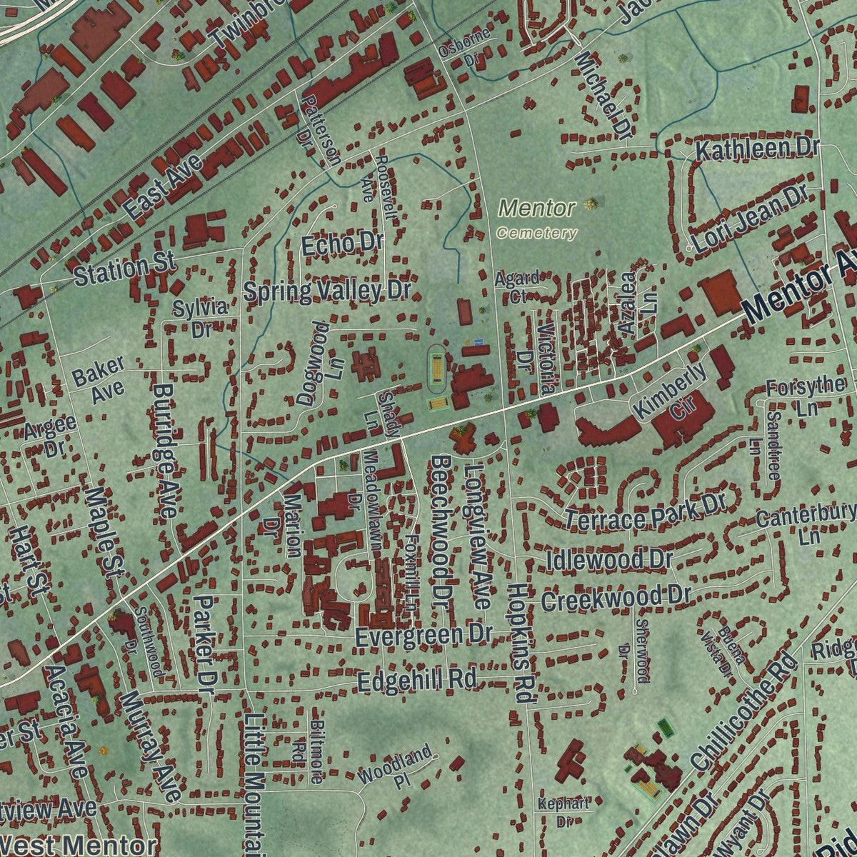 Close-up of the map of Mentor, Ohio print showing street and building detail