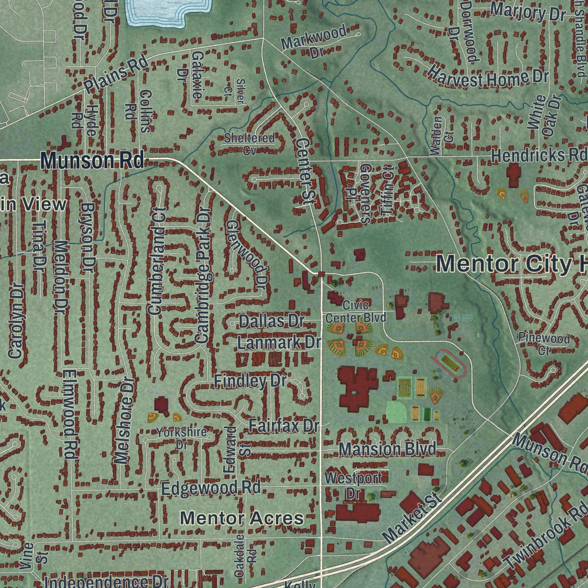 Second close-up of the map of Mentor, Ohio print showing more streets and buildings