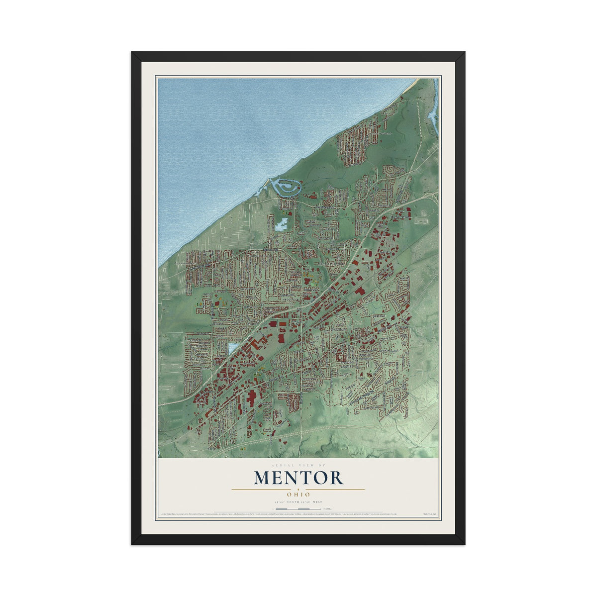 Map of Mentor, Ohio, 12 x 18 inch print in a black wood frame