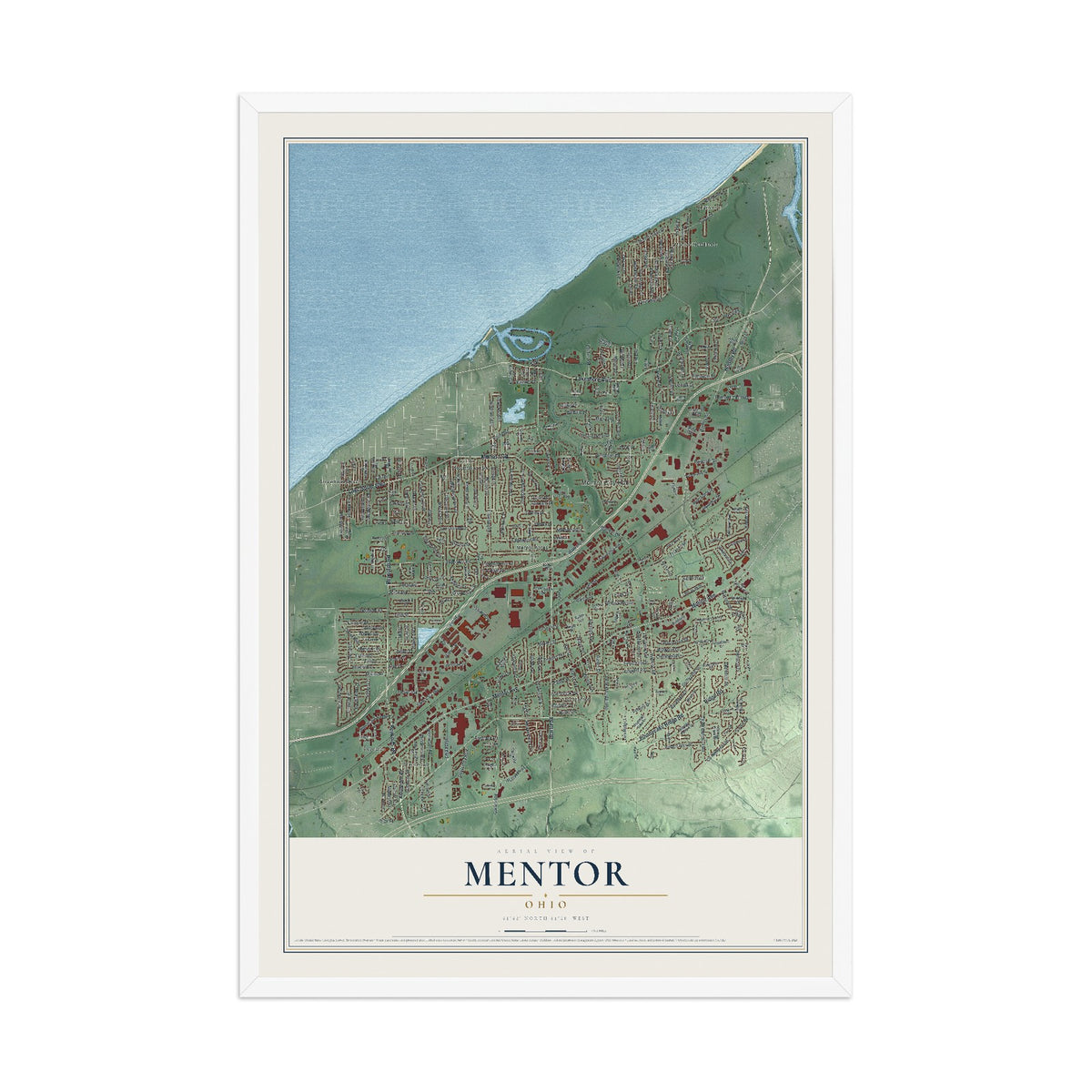 Map of Mentor, Ohio, 12 x 18 inch print in a white wood frame