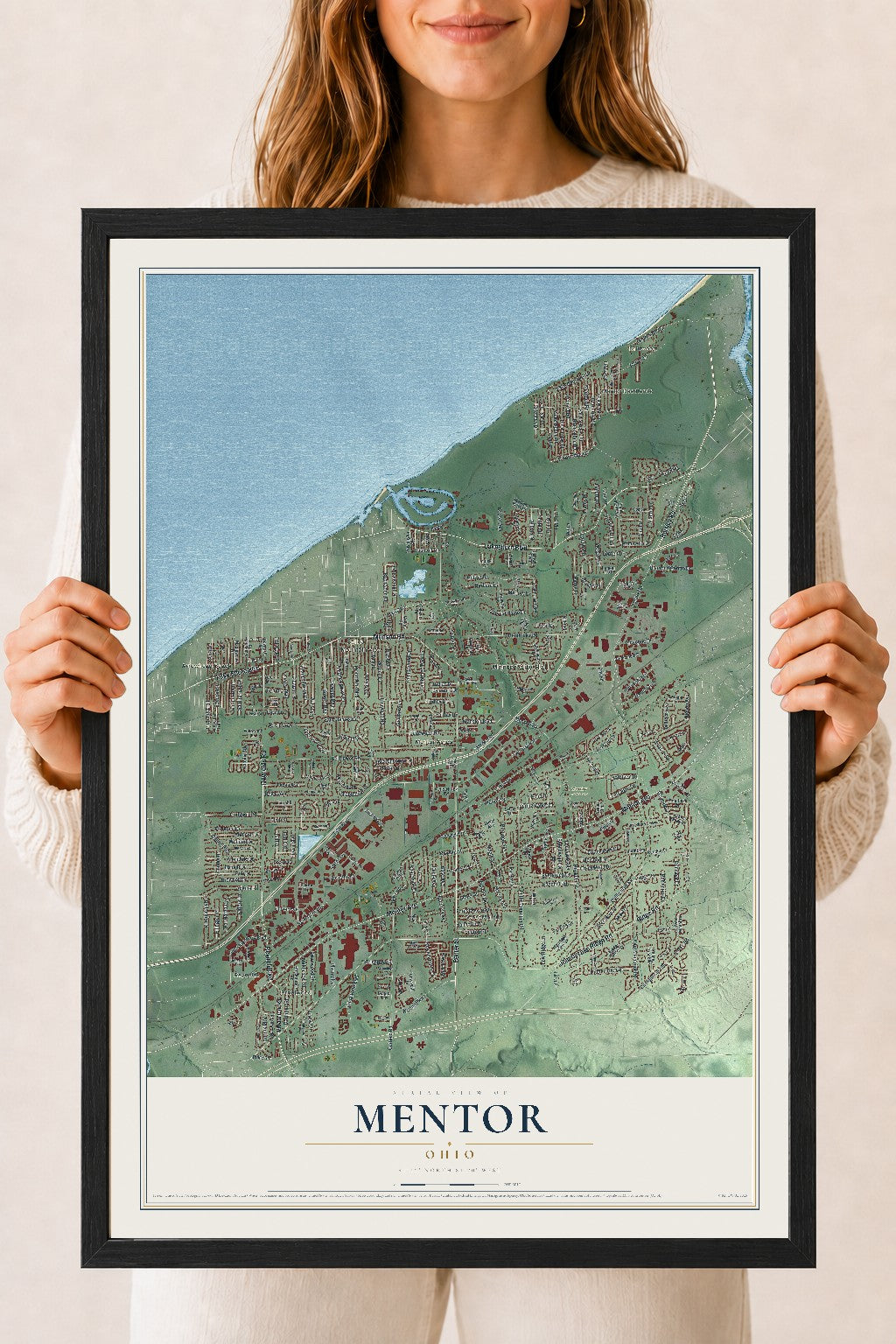 Map of Mentor, Ohio, 18 x 24 inch print in a black wood frame