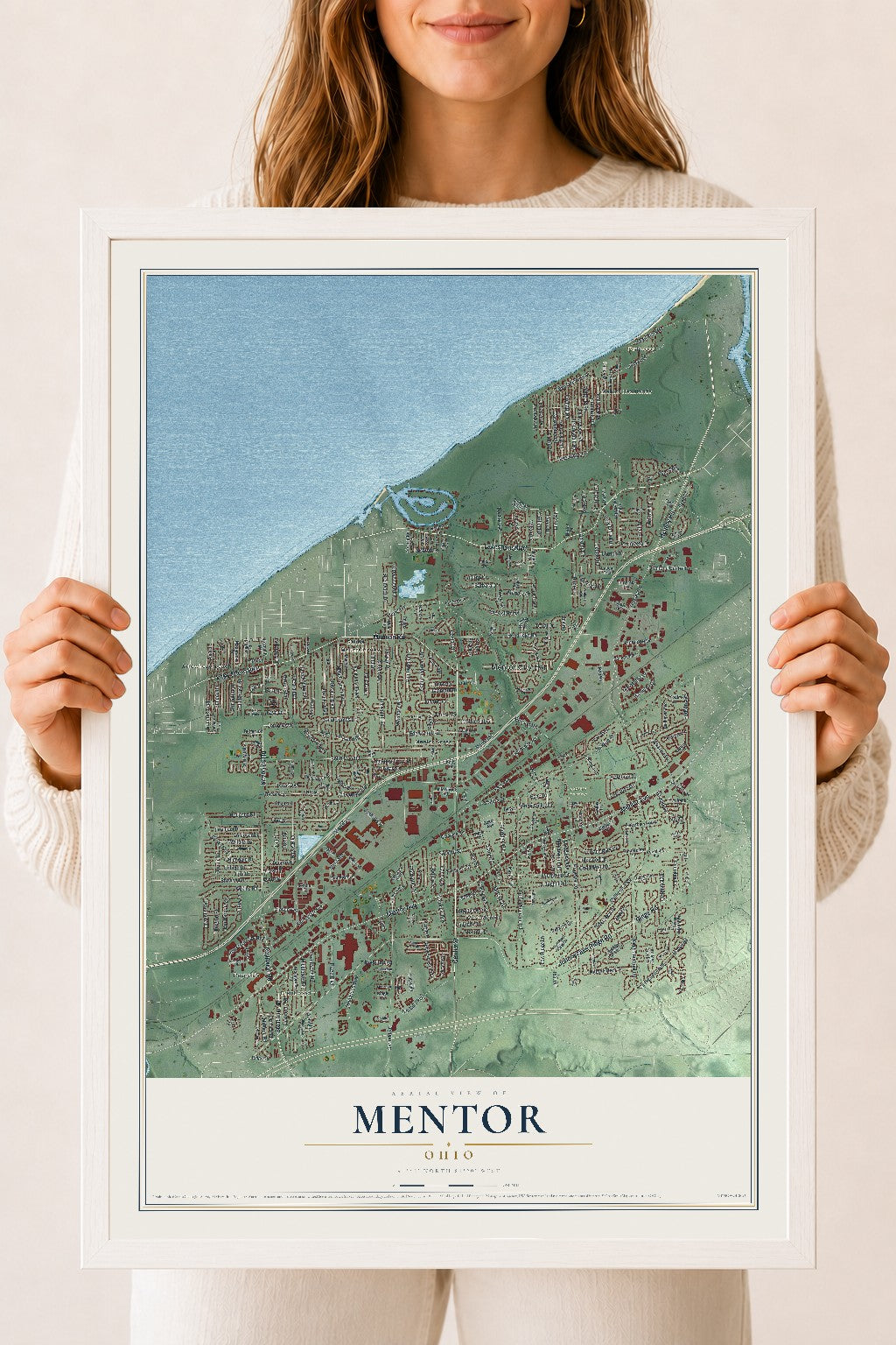 Map of Mentor, Ohio, 18 x 24 inch print in a white wood frame