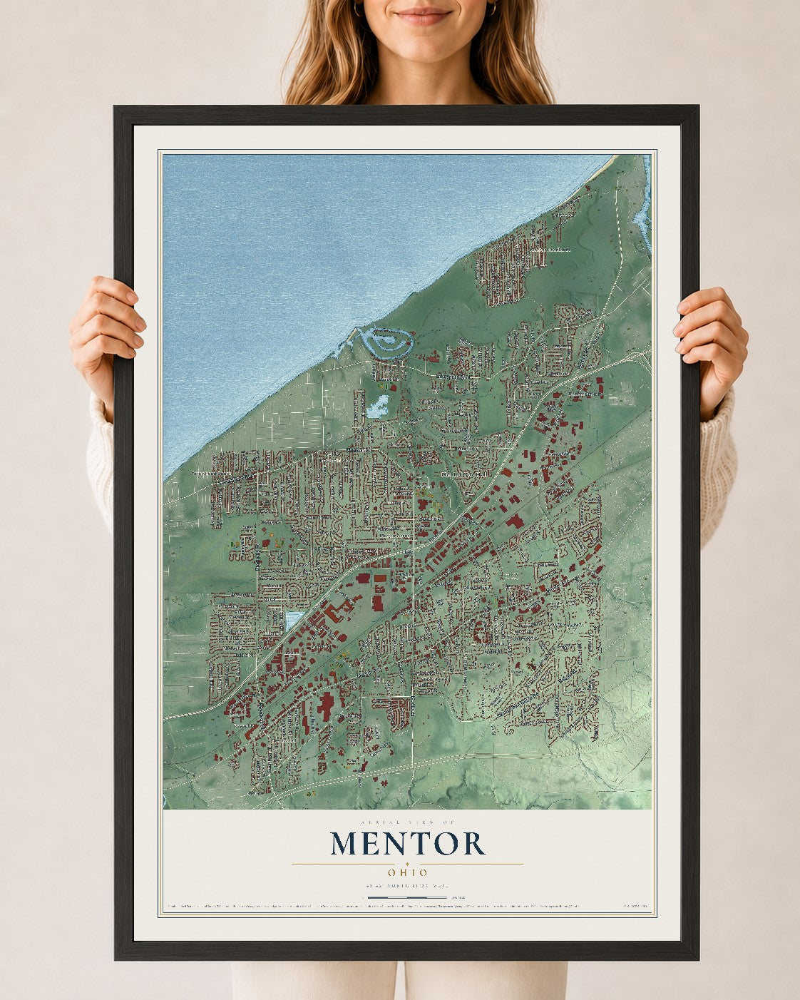 Map of Mentor, Ohio, 24 x 36 inch print in a black wood frame