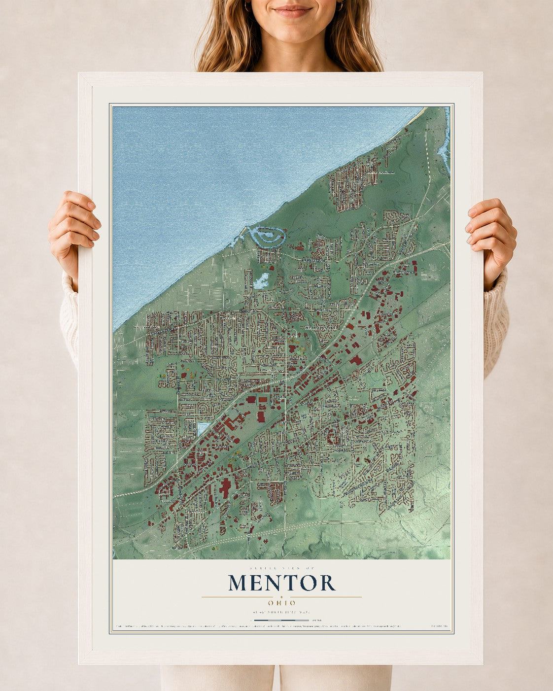Map of Mentor, Ohio, 24 x 36 inch print in a white wood frame