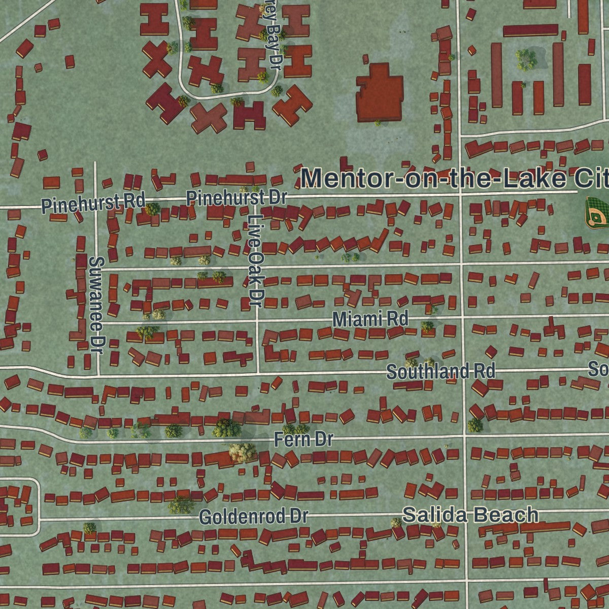 Close-up of the map of Mentor-on-the-Lake, Ohio print showing street and building detail