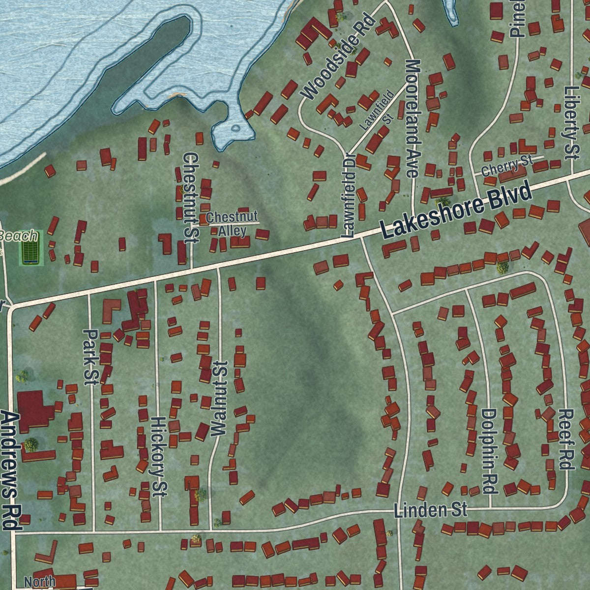 Second close-up of the map of Mentor-on-the-Lake, Ohio print showing more streets and buildings