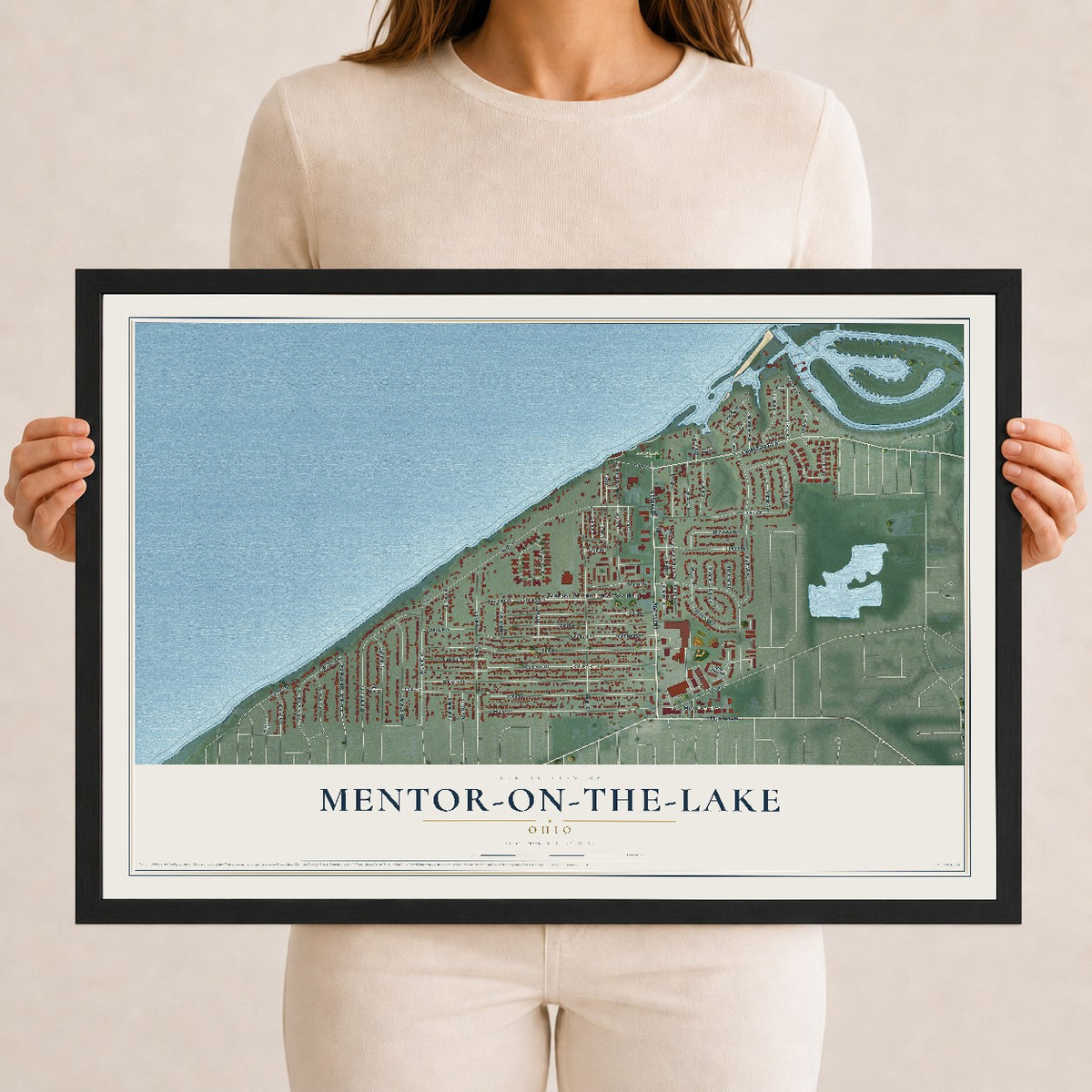 Map of Mentor-on-the-Lake, Ohio, 12 x 18 inch print in a black wood frame