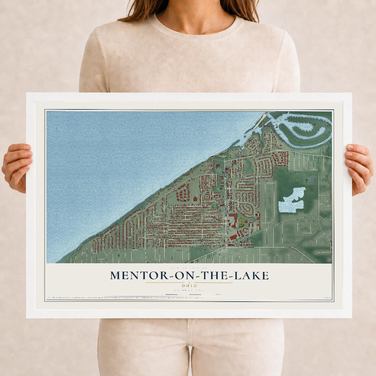 Map of Mentor-on-the-Lake, Ohio, 12 x 18 inch print in a white wood frame