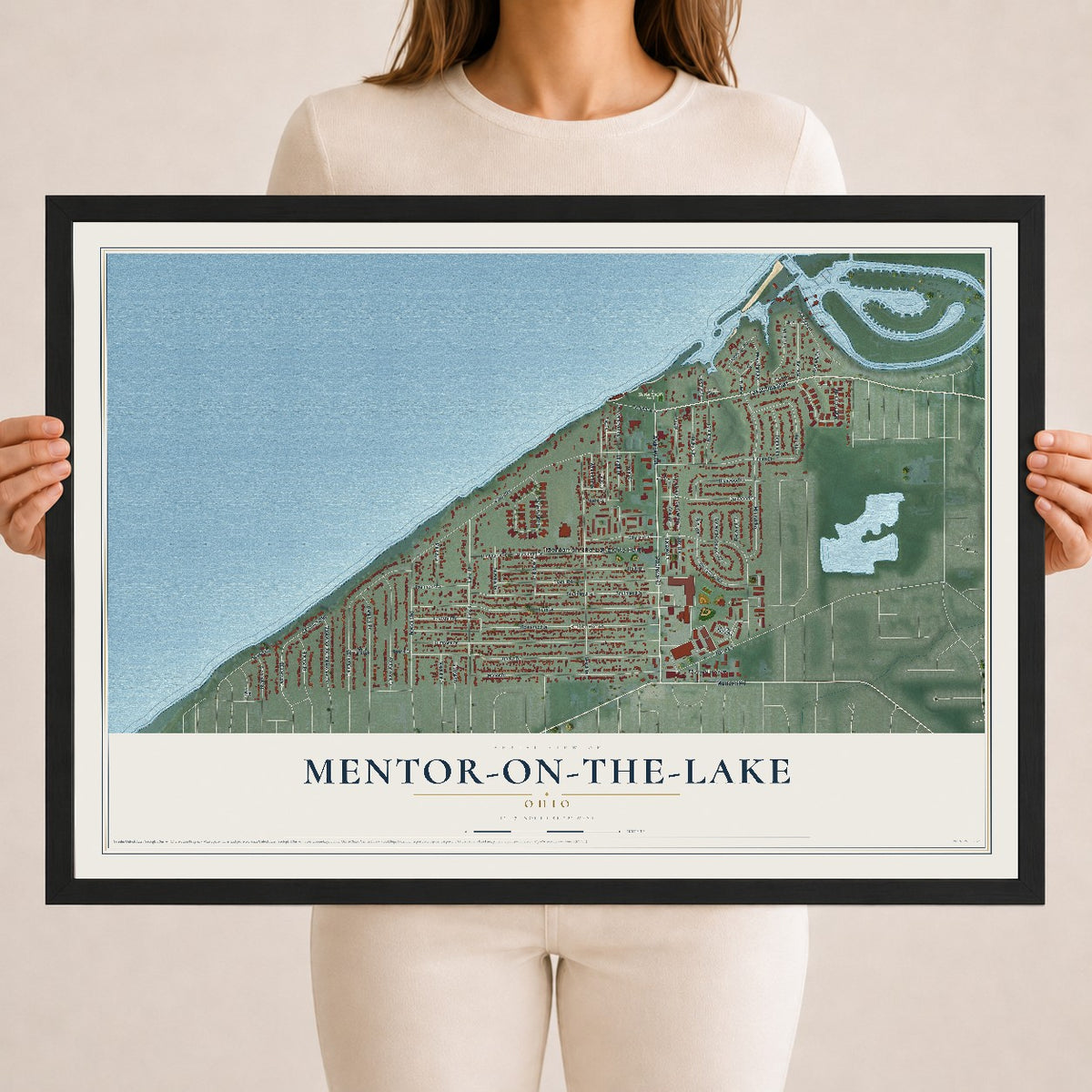 Map of Mentor-on-the-Lake, Ohio, 18 x 24 inch print in a black wood frame