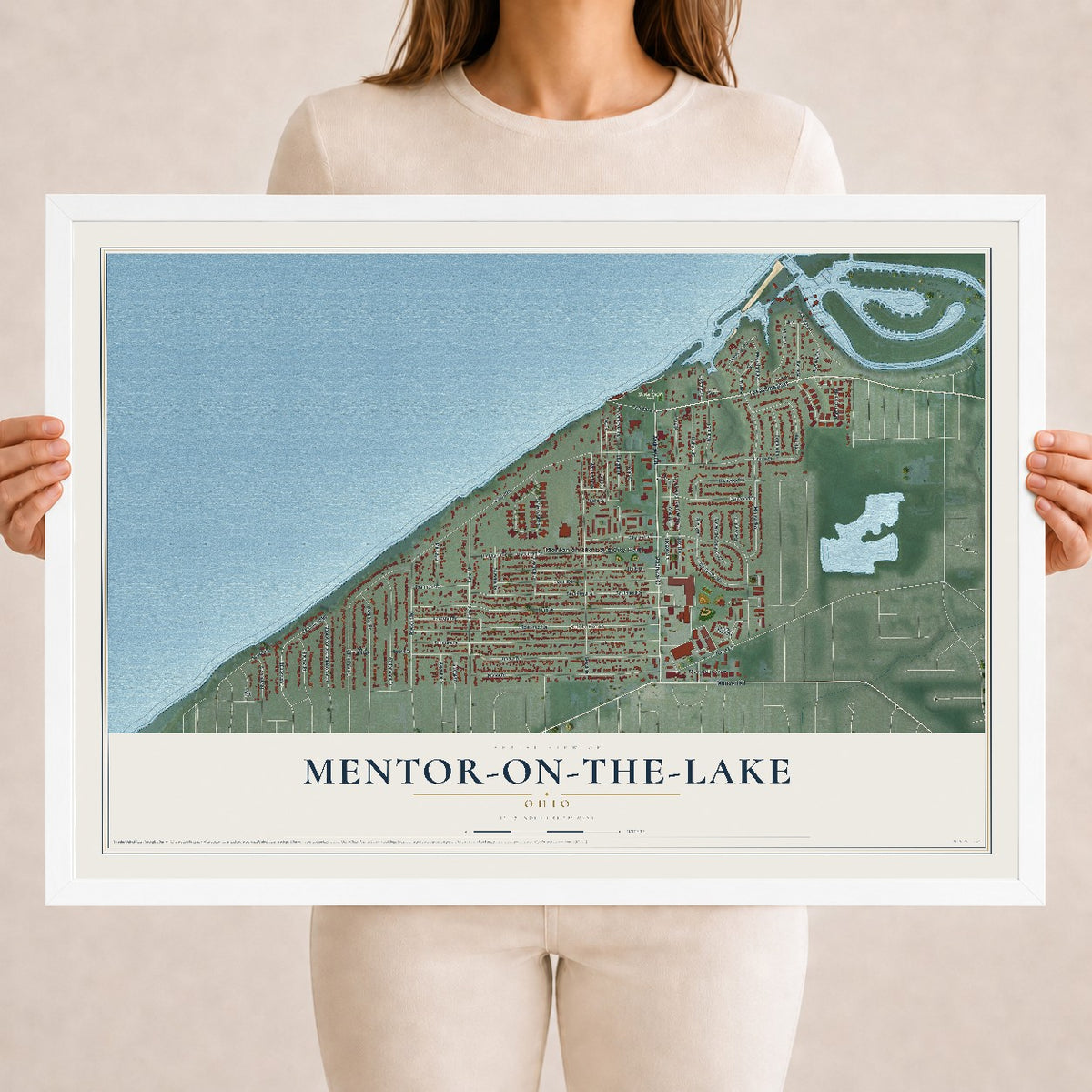 Map of Mentor-on-the-Lake, Ohio, 18 x 24 inch print in a white wood frame