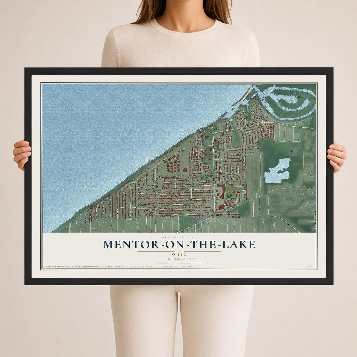 Map of Mentor-on-the-Lake, Ohio, 24 x 36 inch print in a black wood frame
