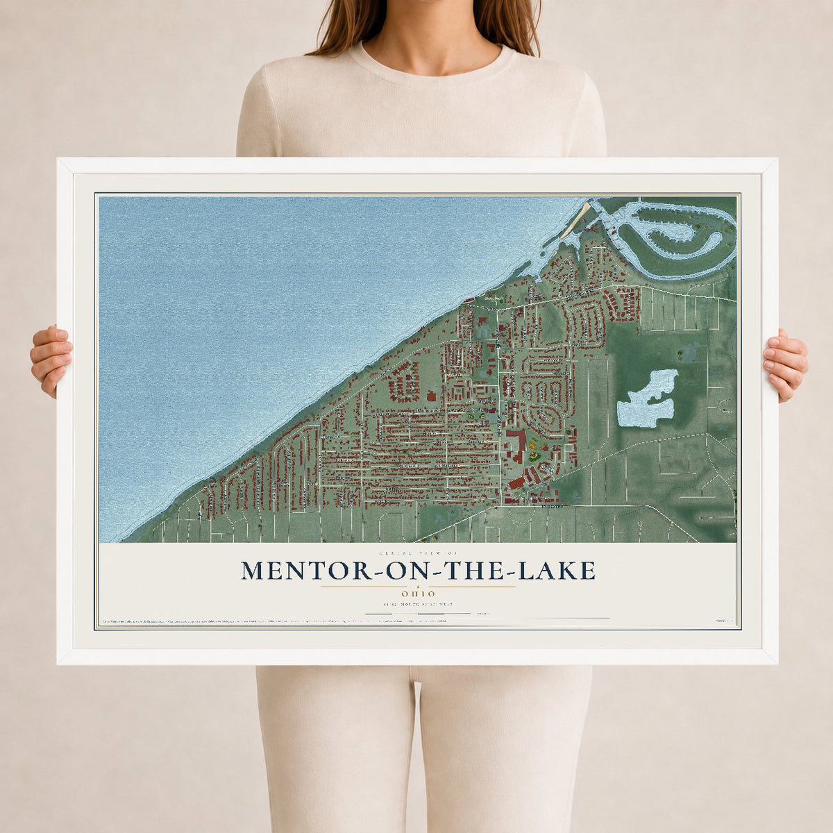 Map of Mentor-on-the-Lake, Ohio, 24 x 36 inch print in a white wood frame